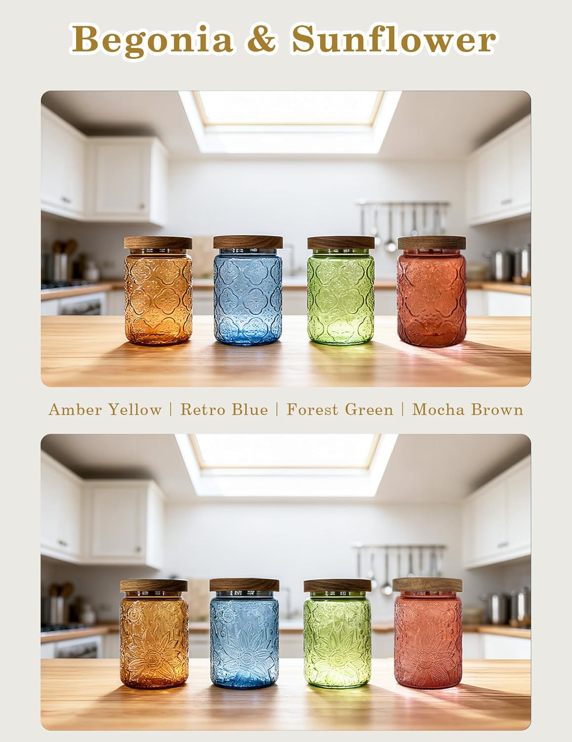 Glass Jars with Airtight Wood Lids – 24 OZ Kitchen and Pantry Canisters Sets, Decorative Vintage Storage Containers for Candy, Coffee, Cookie, Cereal, Flour, Sugar, Tea, Set of 4 Sunflower