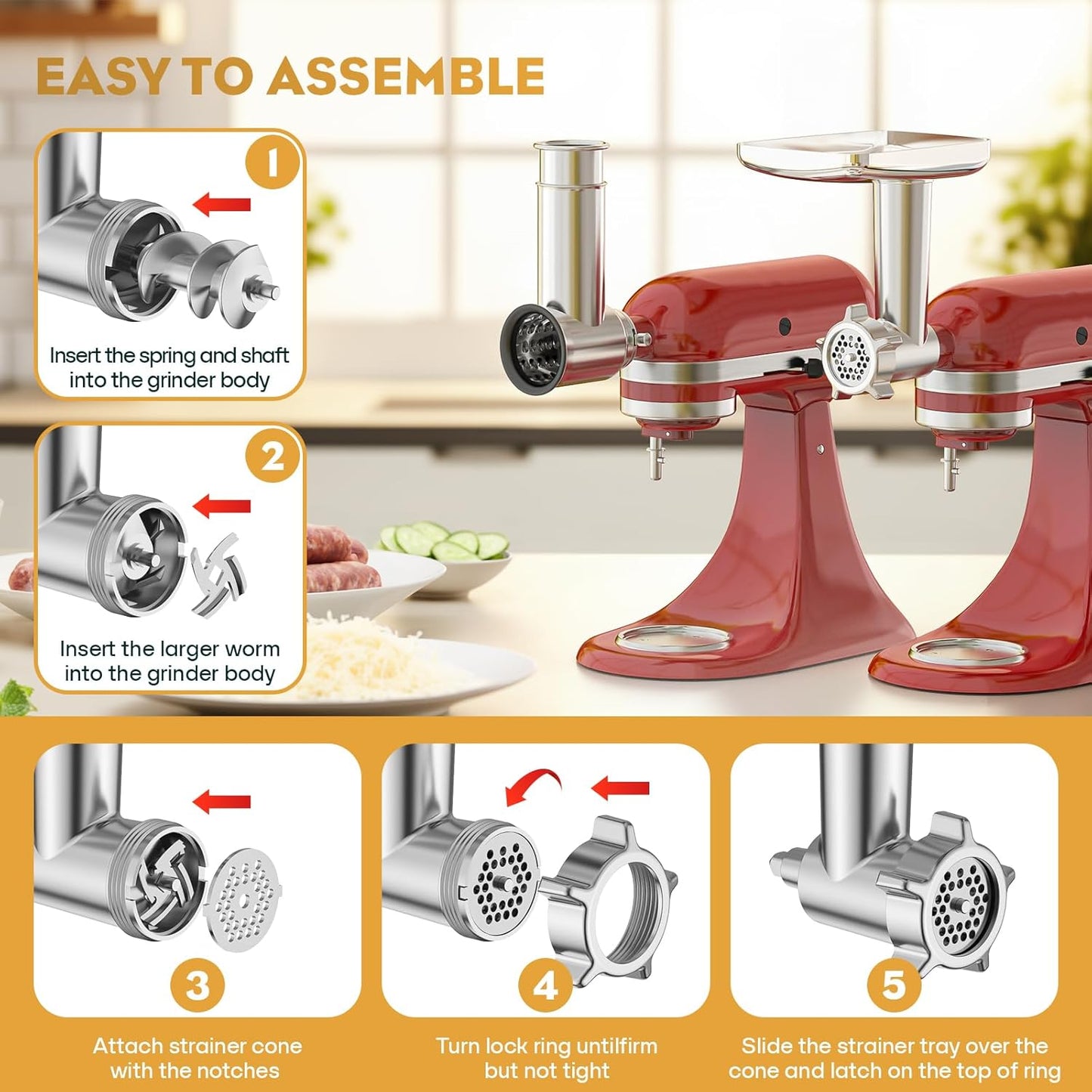 Meat Grinder & Stainless Steel Slicer Shredder Attachment for KitchenAid Stand Mixer, Meat Grinder Attachment with Sausage Stuffing Set and Cheese Grater, For Kitchenaid Mixer Attachments