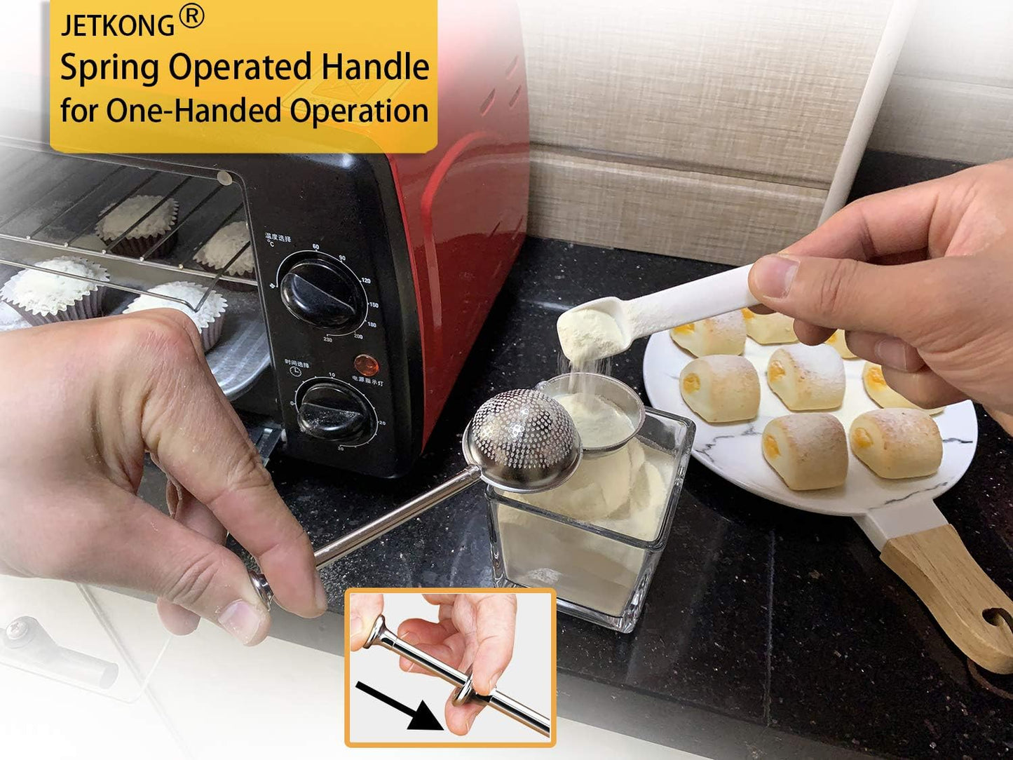 JETKONG Powdered Sugar Shaker Duster Flour Dispenser Shaker with 18/8 Stainless Steel Spring-operated Handle for Sugar Flour and Spices