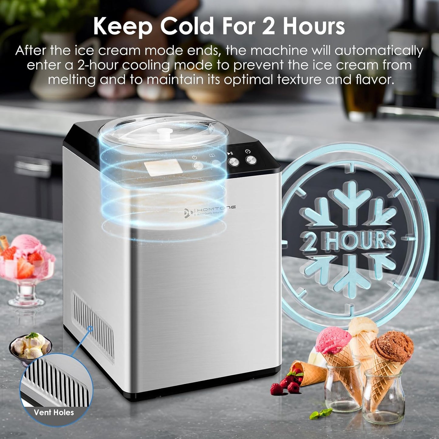 Homtone 2.64QT Ice Cream Maker with Compressor, Largest Capacity Automatic Ice Cream Maker Machine - No Pre Freezing, Gelato Maker with 3 Modes, LCD Digital Display, All Stainless Steel, 2H Keep Cool