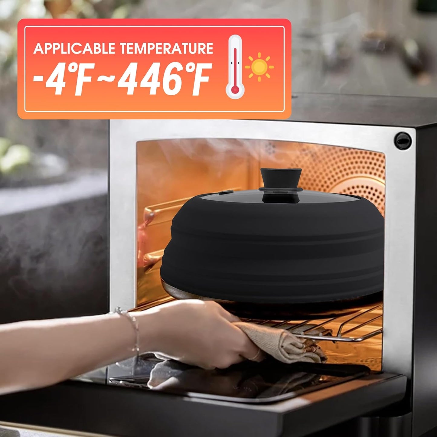 Microwave Splatter Cover Glass Microwave Cover for Food Collapsible Splatter Guard Lid with Silicone Handle for Pot Plate Bowl 10.5 Inch Black