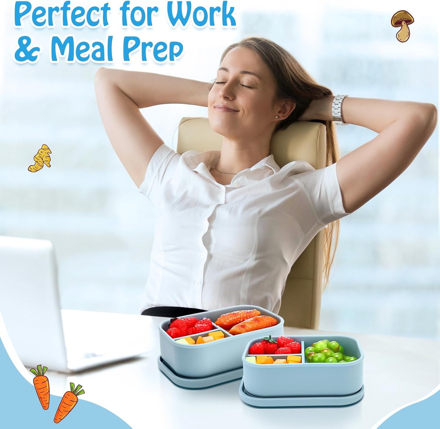 Honeydak 4 Pcs Silicone Bento Lunch Box 3 Compartment Reusable Leakproof Silicone Bento Lunch Container for Adults Microwave Dishwasher Freezer Safe(Blue)