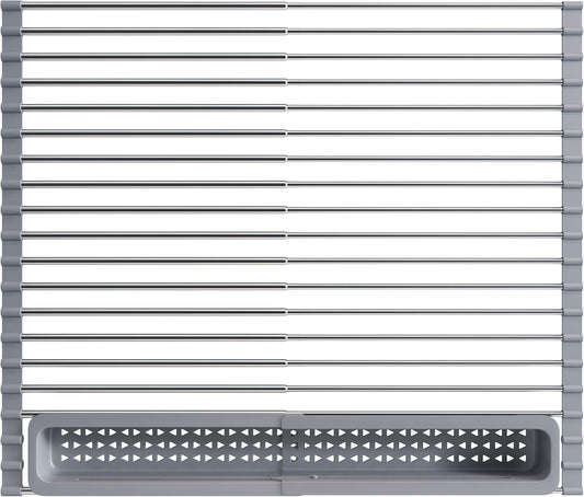 JASIWAY Over The Sink Dish Drying Rack for Kitchen, Expandable (12.8"-23.8" D x 15.5" W) Roll Up Dish Drainer with The Function of Fordable, Rust Proof, Large Sink Cover with Removable Utensil Holder