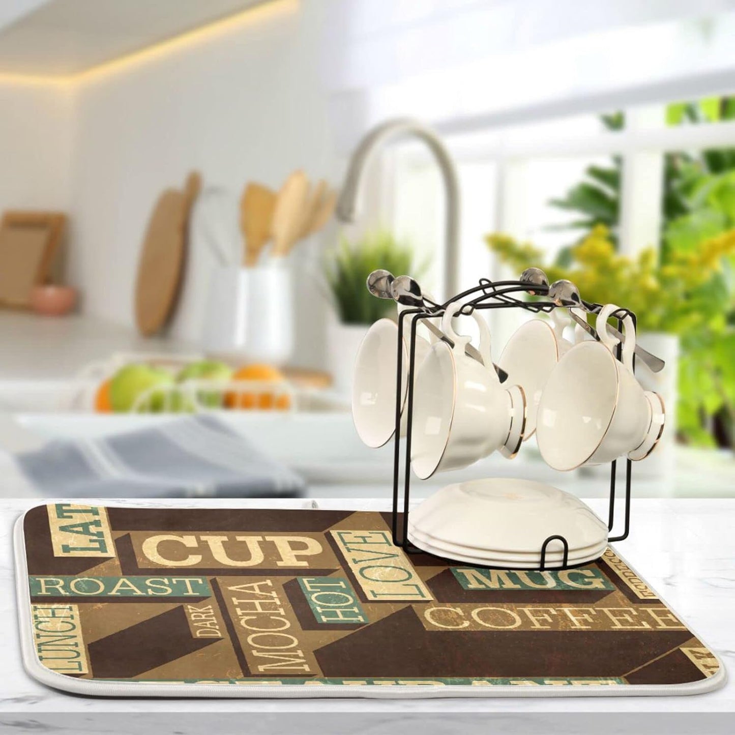 senya Super Absorbent Dish Drying Mat, Microfiber Fast-Drying 24'' x 18'', Kitchen Pad, Coffee Themed Seamless Retro