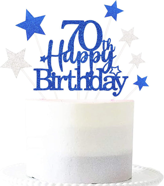 Glittery 70th Happy Birthday Cake Topper with Star,Personalised 70 Birthday Cake Toppers Party Decorations Party Supplies for Men Women Blue