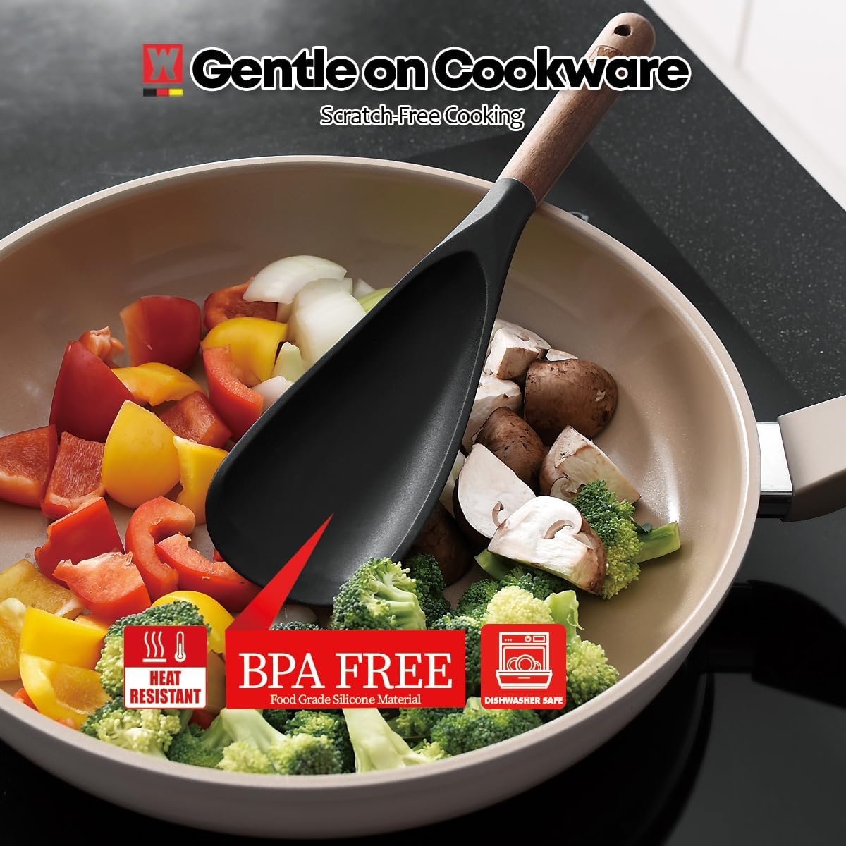 Set of 2pc Silicone Cooking Utensils: Wooden Handle Ladle + Long Head Serving & Cooking Spoon, Heat Resistant, BPA Free, Scratch-Resistant Surface Design