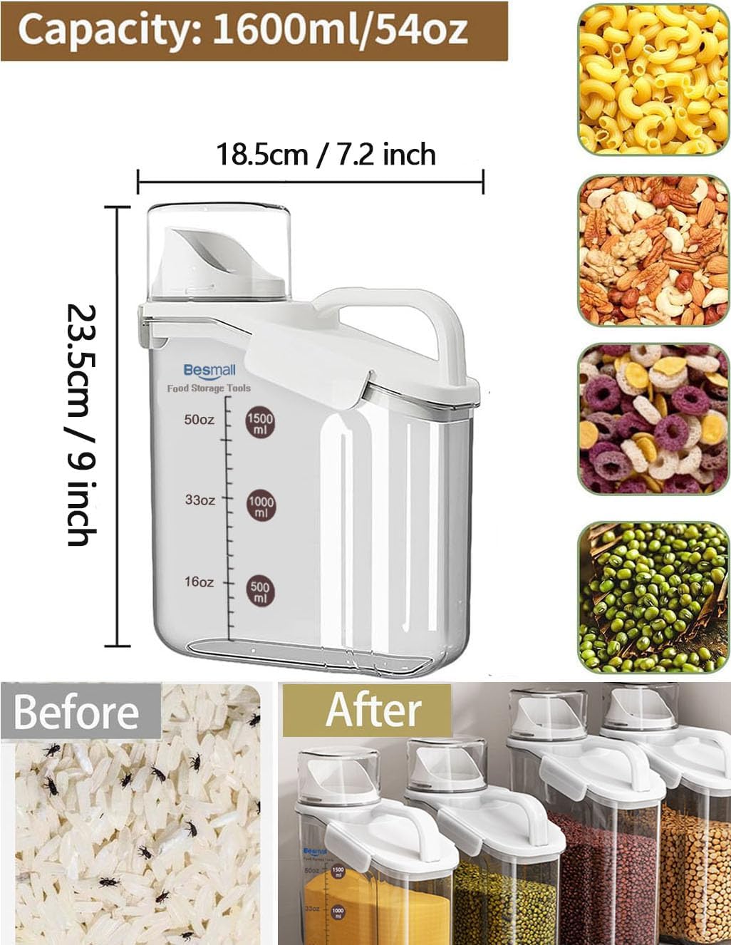 Cereal Containers Storage with Pour Spout Airtight Food Storage Containers with Lid Air Tight Cereal Dispenser Sealed Kitchen Canisters for Nuts Flour Sugar Beans Dry Food, Bpa Free 1.6L