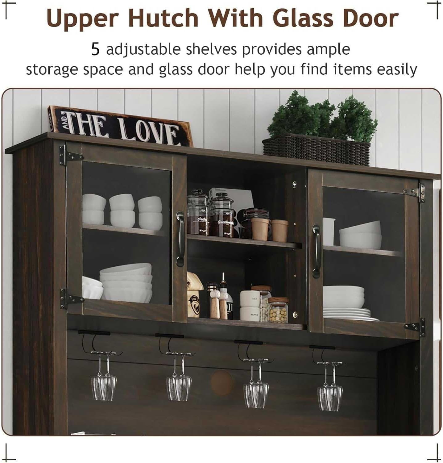 4ever2buy 72" Farmhouse Coffee Bar Cabinet with 2 Glass Doors & 9 Wine Racks, Tall Hutch Cabinet with Storage, Wine Bar with 4 Row Metal Glass Holder, Dark Oak