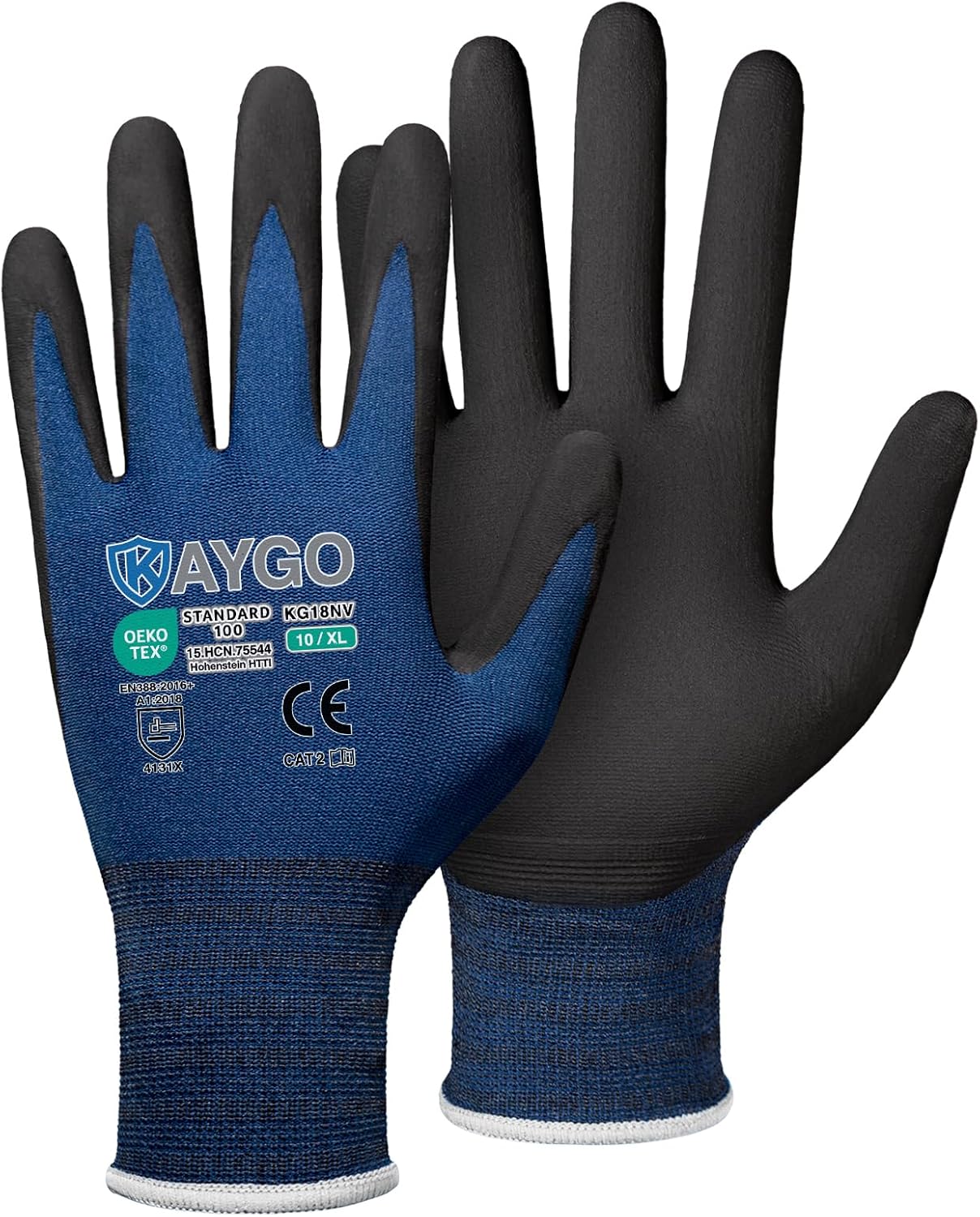 KAYGO Safety Work Gloves MicroFoam Nitrile Coated, 3 Pairs KG18NB,Seamless Knit Nylon Glove for Men and Women, Ideal for Automotive,Warehouse,Construction (XL, Dark Blue)