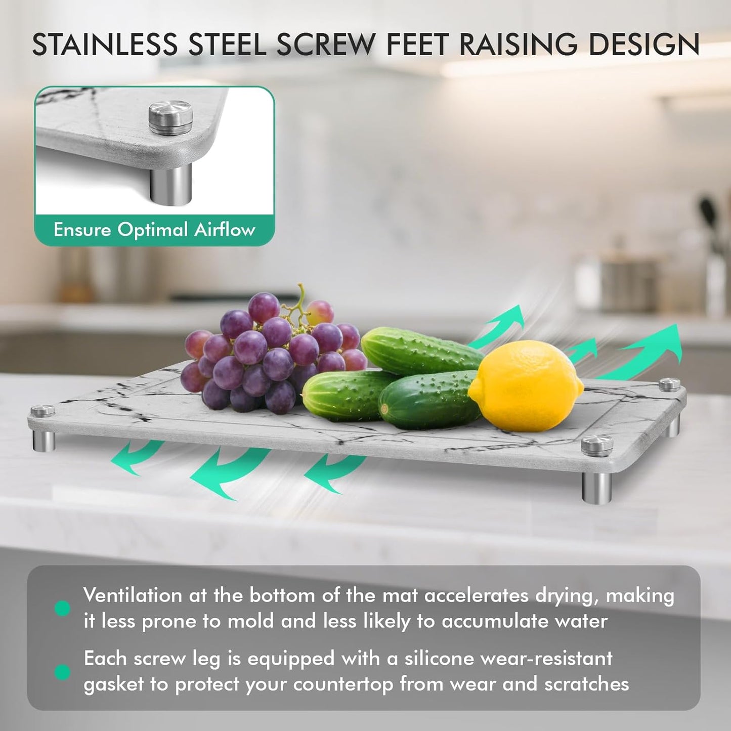 Stone Drying Mat For Kitchen Counter Superb Absorbent Diatomaceous Earth Mats with Non-Slip Feet Quick Dry Stone Dish Drying Pad Dish Pad Multi-Purpose(Marble-LightGray, 15.7" x 11.8")