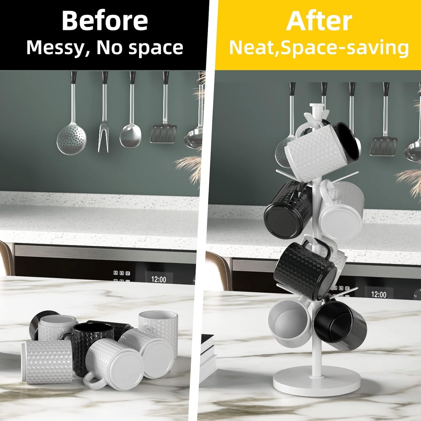 Mug Holder Tree with Marble Base, 8 Hooks White Coffee Cups Holder Stand, New Upgrad Stable Removable Mug Rack for Kitchen Cafe