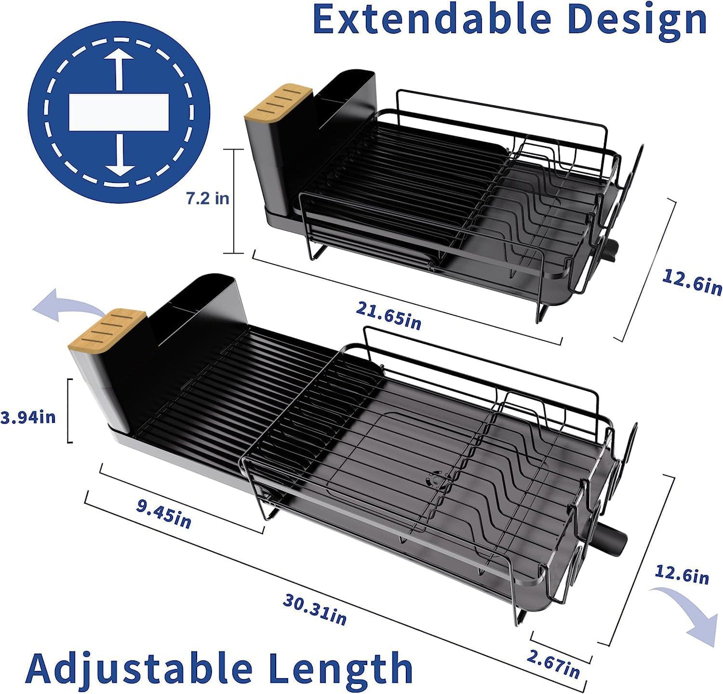 Runnatal Large Dish Drying Rack with Drainboard Set, Dish Rack, Extendable Dish Rack, Utensil Holder, Cup Holder, Expandable Dish Drainer for Kitchen Counter