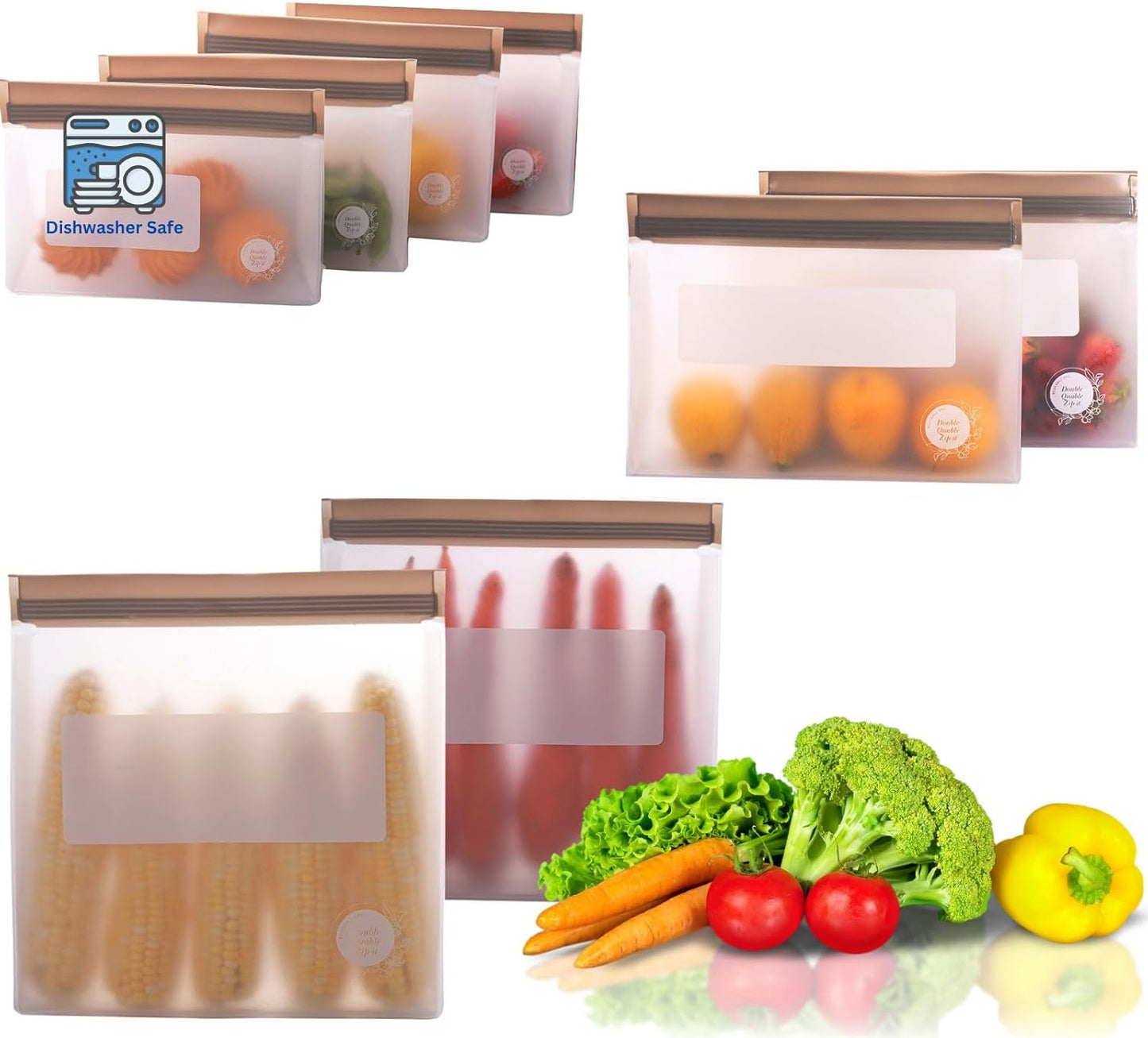 Reusable Silicone Food Storage Bags 8-Pack – BPA-Free Freezer & Dishwasher Safe, Leakproof Stand-Up Snack Bags 2 Gl + 2 L, 4 M– Eco-Friendly Airtight Ziplock Bags for Kitchen & Travel(Grey)