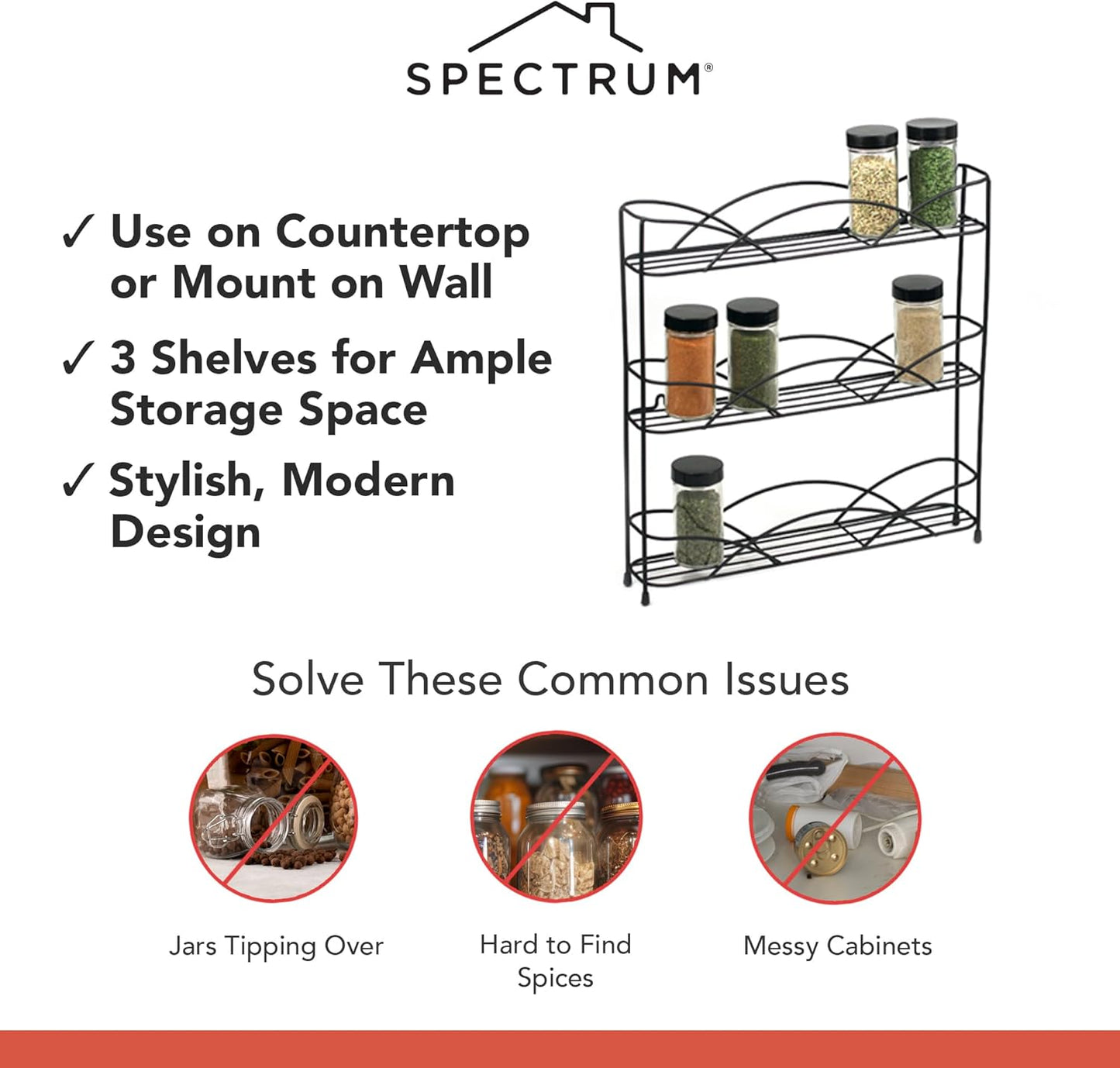 Spectrum Diversified 3-Tier Spice Rack Shelf Organizer for Kitchen Countertop, Pantry, Bathroom, or Closet with Optional Wall Mount, Black