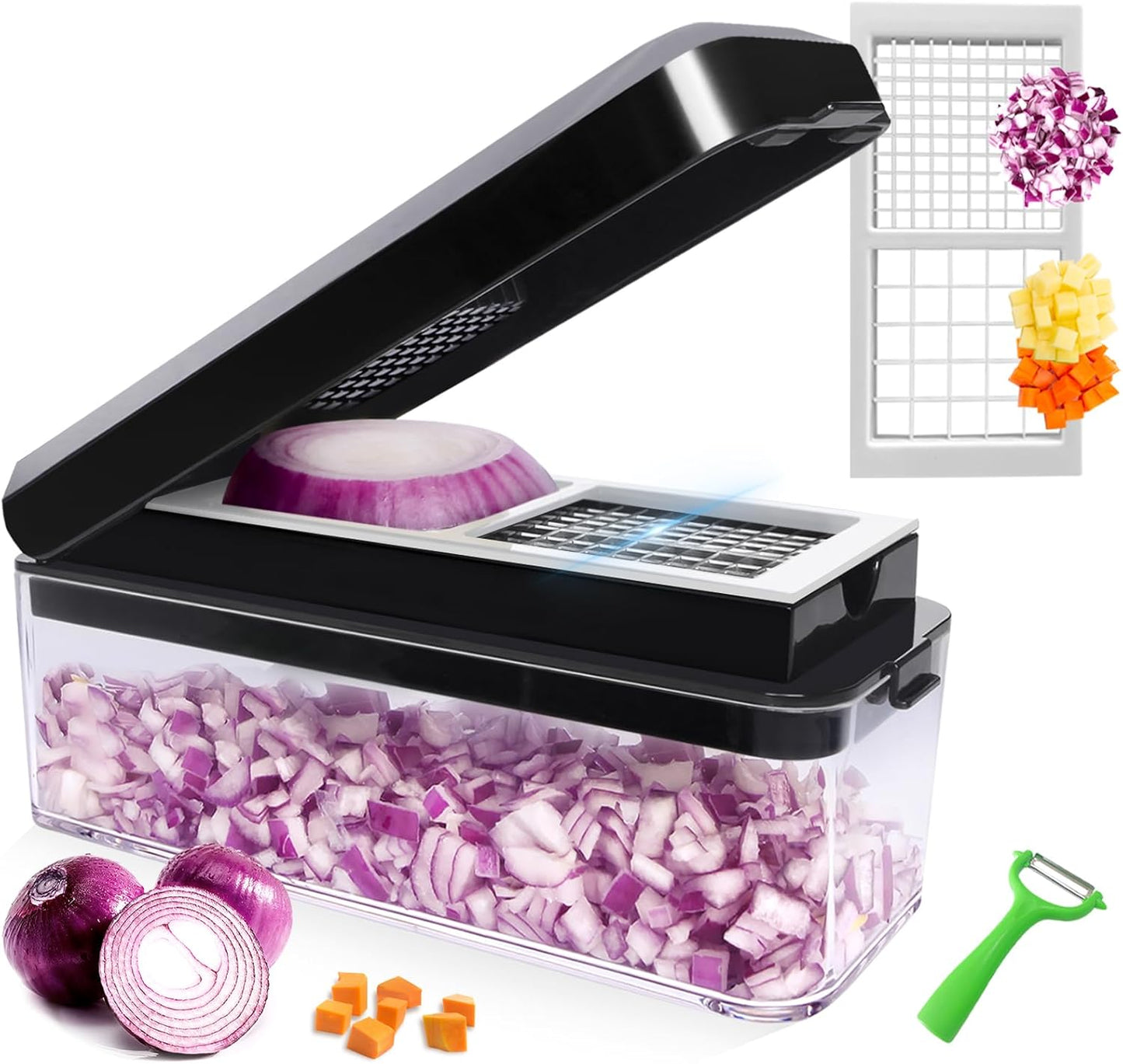 Vegetable Chopper, Onion Chopper Dicer, Mandoline Slicer, Food Chopper with Container, Vegetable Cutter for Salad Potato Carrot Garlic（2 Blades, Black White）