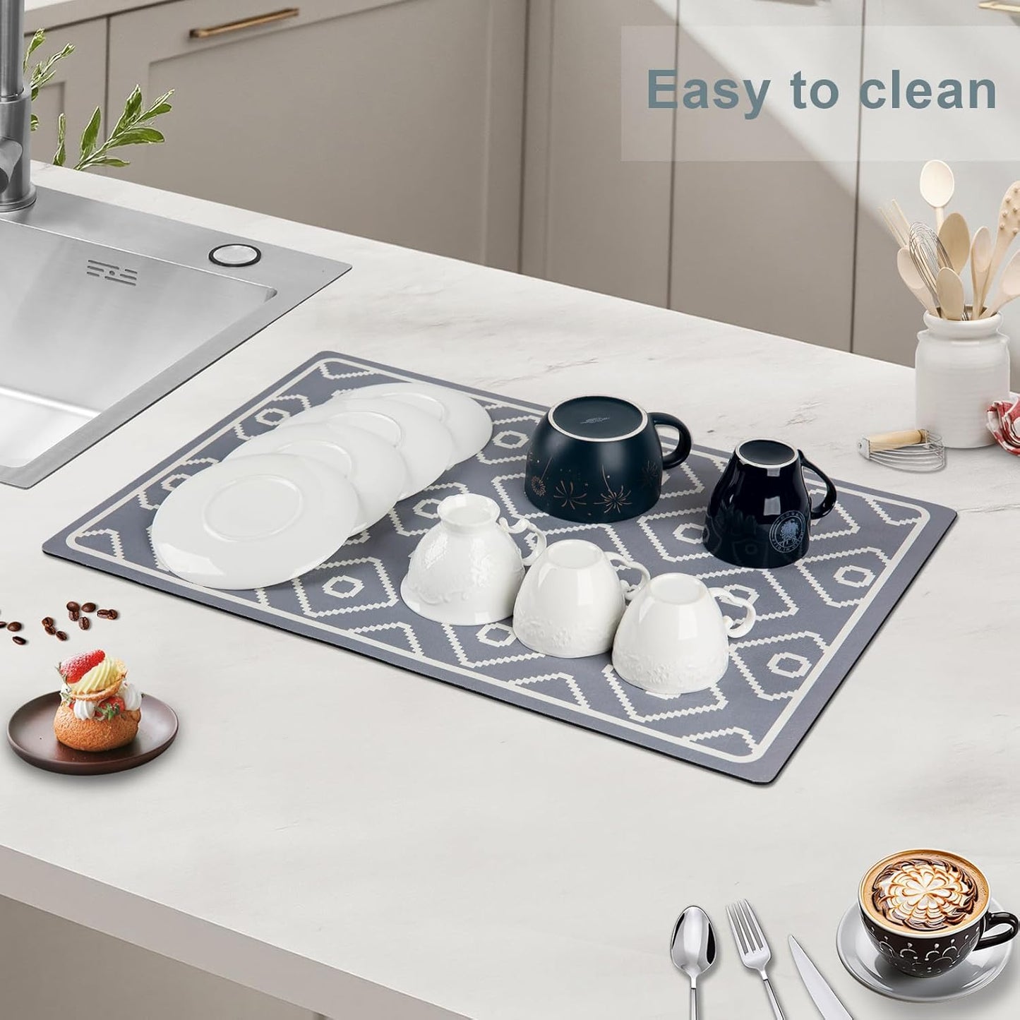 SUEH DESIGN Dish Drying Mat, Absorbent Coffee Mat 23.6 x 15.7 in Quick Dry Kitchen Drying Dish Drain Mat for Kitchen Counter Coffee Bar, Gray