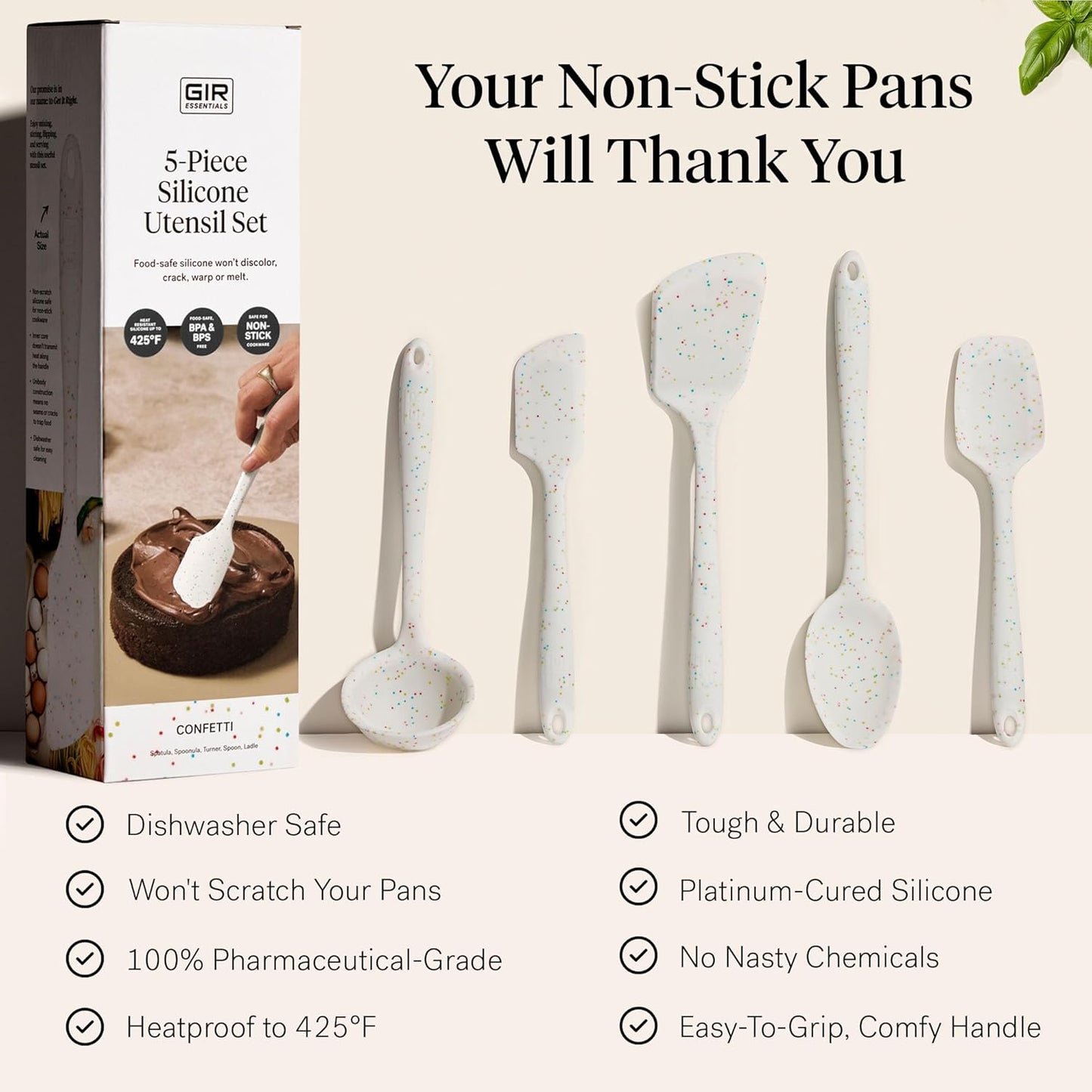 GIR: Get It Right 5-Piece Silicone Essentials Kitchen Utensils Set - Ladle, Spatula, Flip, Spoon & Spoonula - Non-Toxic Cooking Utensils for Nonstick Cookware, Cooking and Baking - Party Confetti
