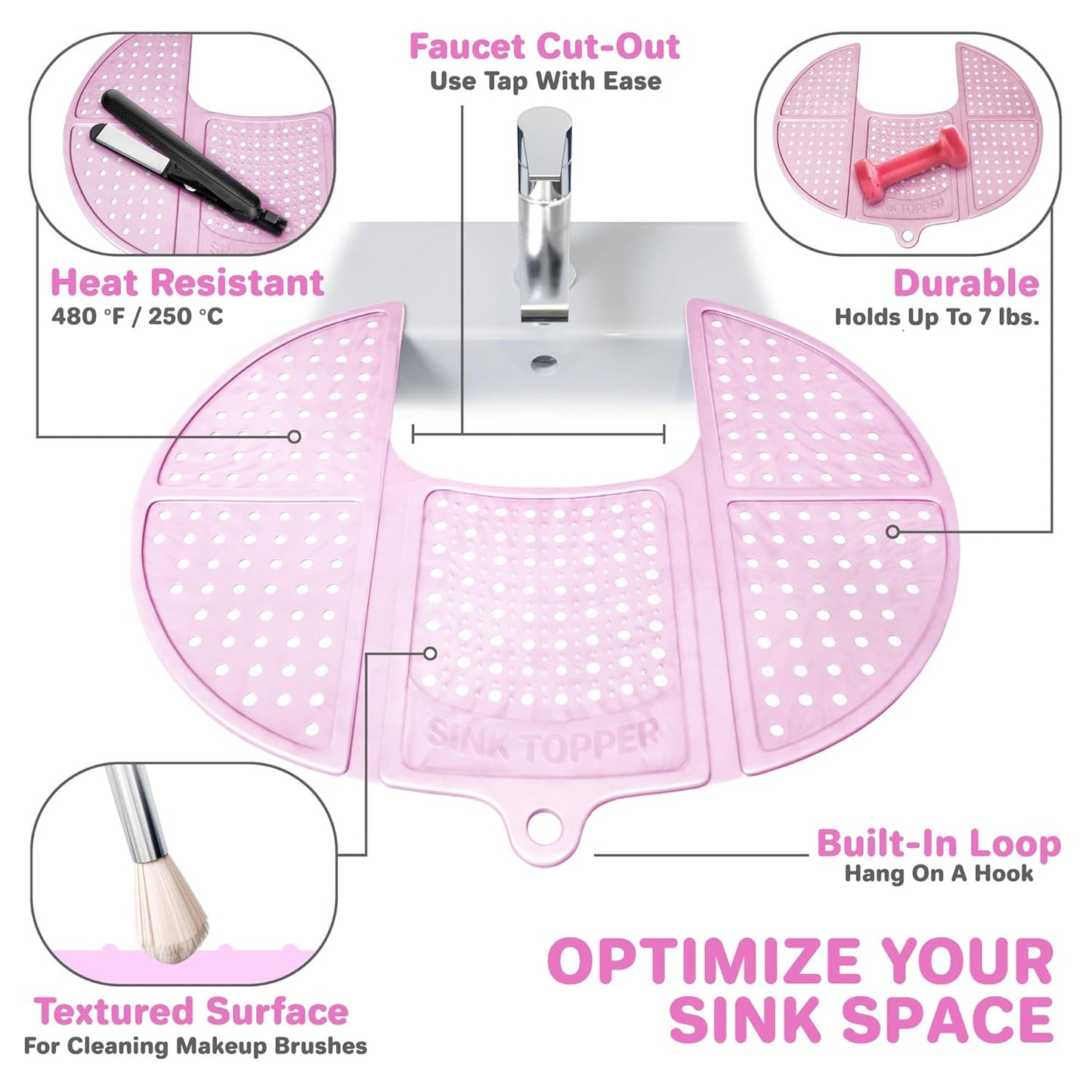 Sink Topper Bathroom Counter Cover & Storage Saver, Foldable Silicone Mat for Hot Tools, Hair Styling & Makeup, Beauty Brush Cleaning Mat, RV Camper Sink Cover & for Small Spaces (Standard Pink)