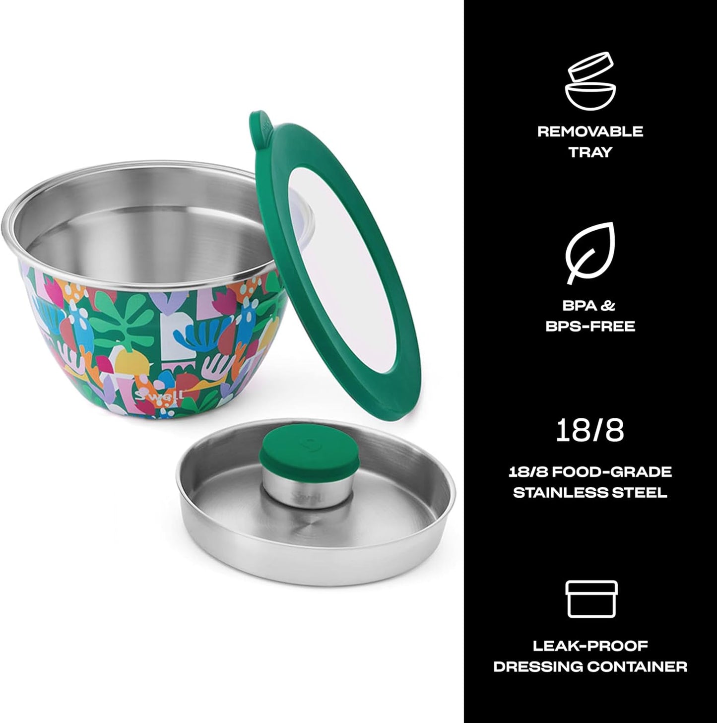 S’well Stainless Steel 64oz Salad Bowl Kit, Paper Cutouts Design, Includes 2oz Mini Canister and Removable Tray, Leakproof, Easy to Clean, Dishwasher Safe