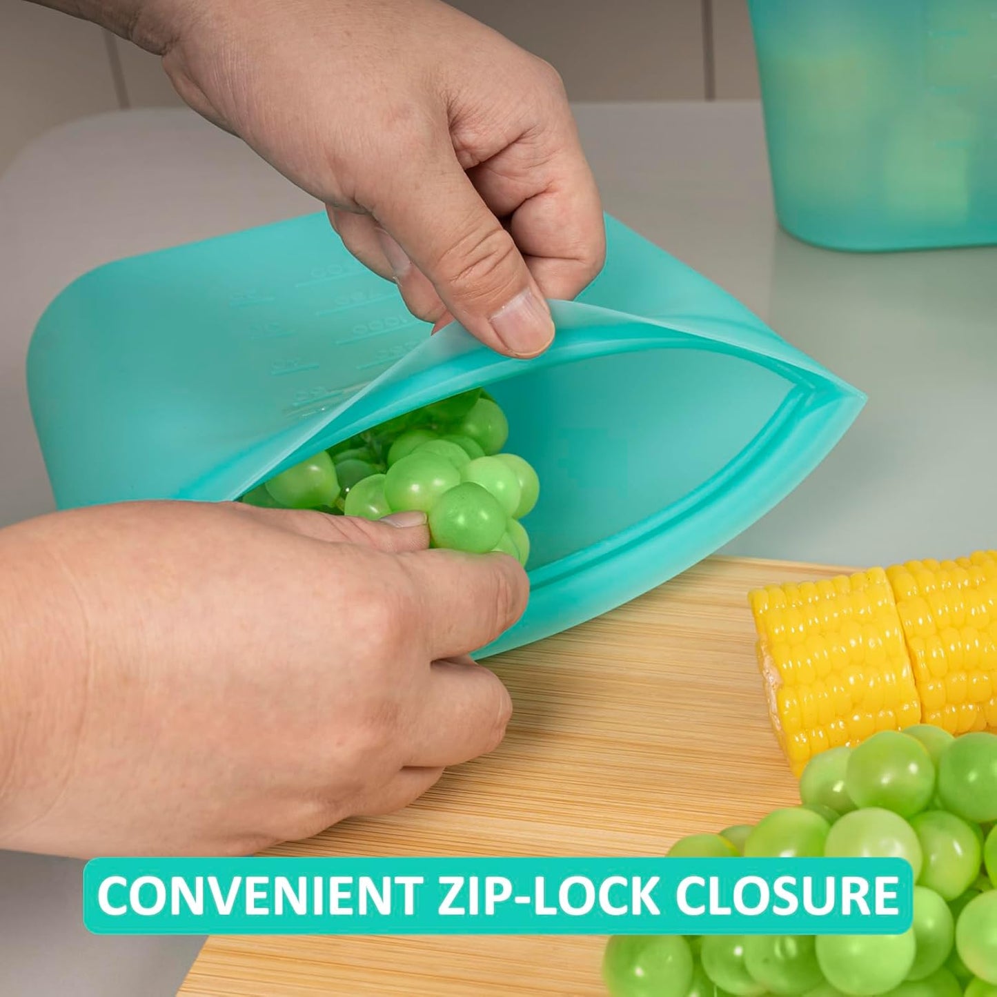 Large Reusable Storage Bag, 4 Pack 100% Silicone Food Storage Bags Stand Up Silicone Zip Lock Bags for Food Container, Freezer Microwave Oven Dishwasher Safe, Aqua, 50.7oz/ 1500ml