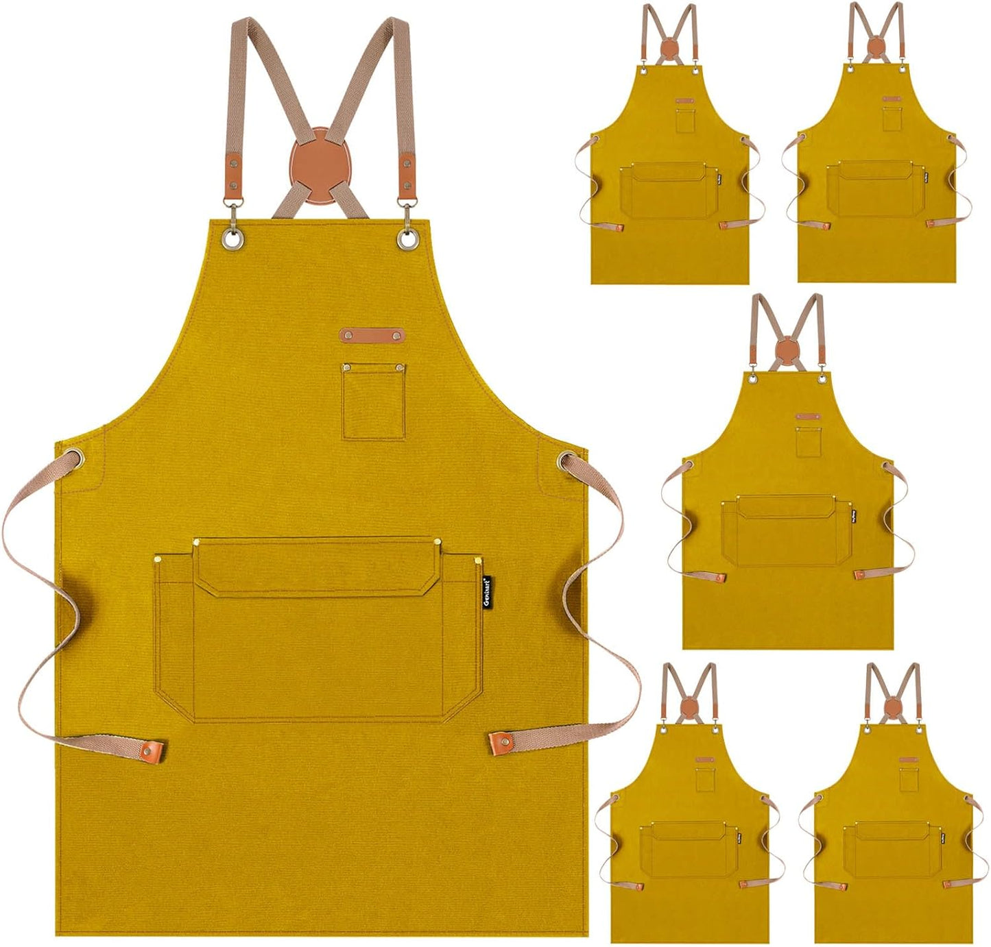 Genixart Chef Apron for Men Women with Pockets, Canvas Aprons for Kitchen Cooking, Artist Painting, Work Apron for Server (Yellow, 6 Pack)
