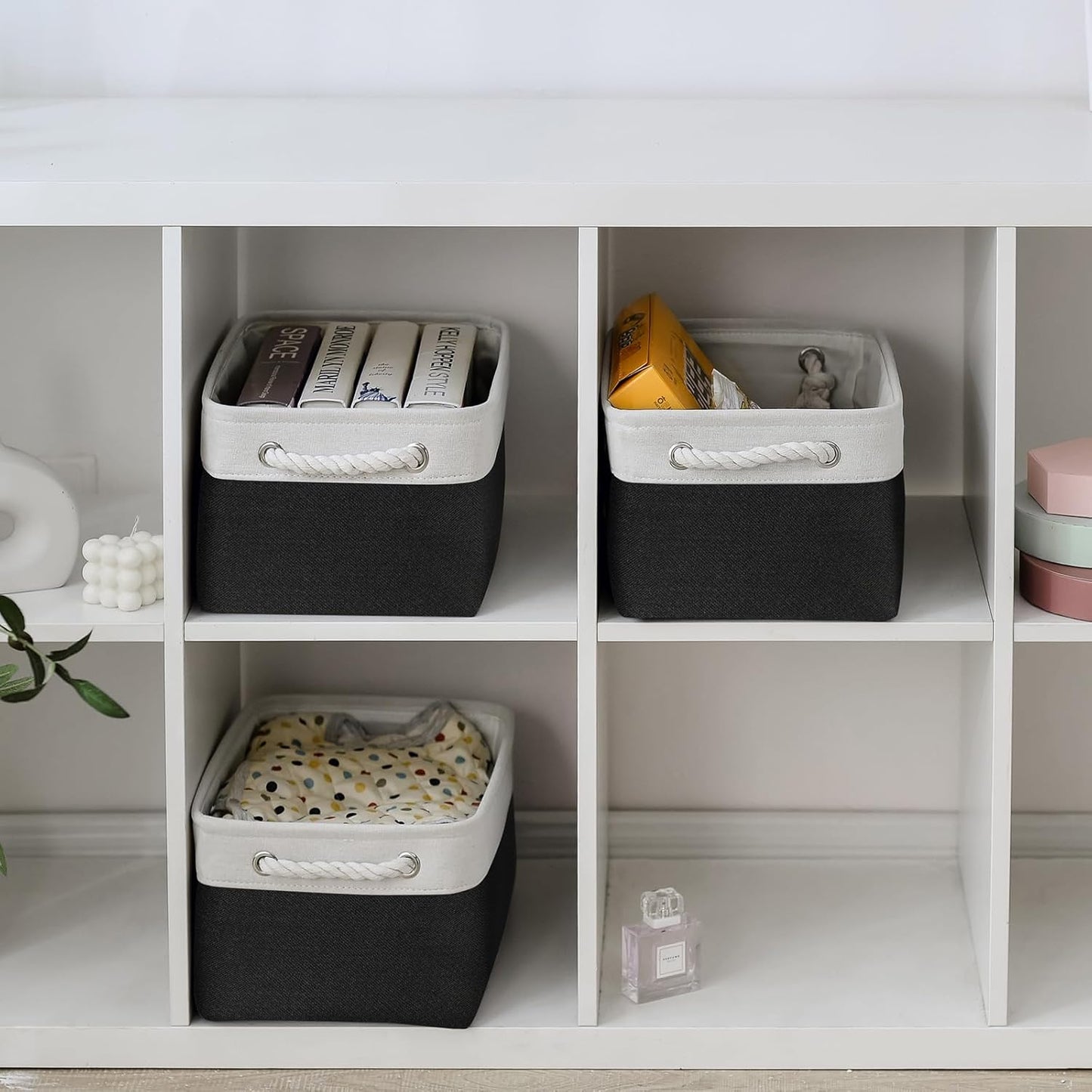 TheWarmHome Storage Bins for Shelves - 1 Pack 13.8x9.7x6.7 inch Storage Basket for Organizing for Closet Organizer Cubes Laundry Cloth Nursery (White & Black)