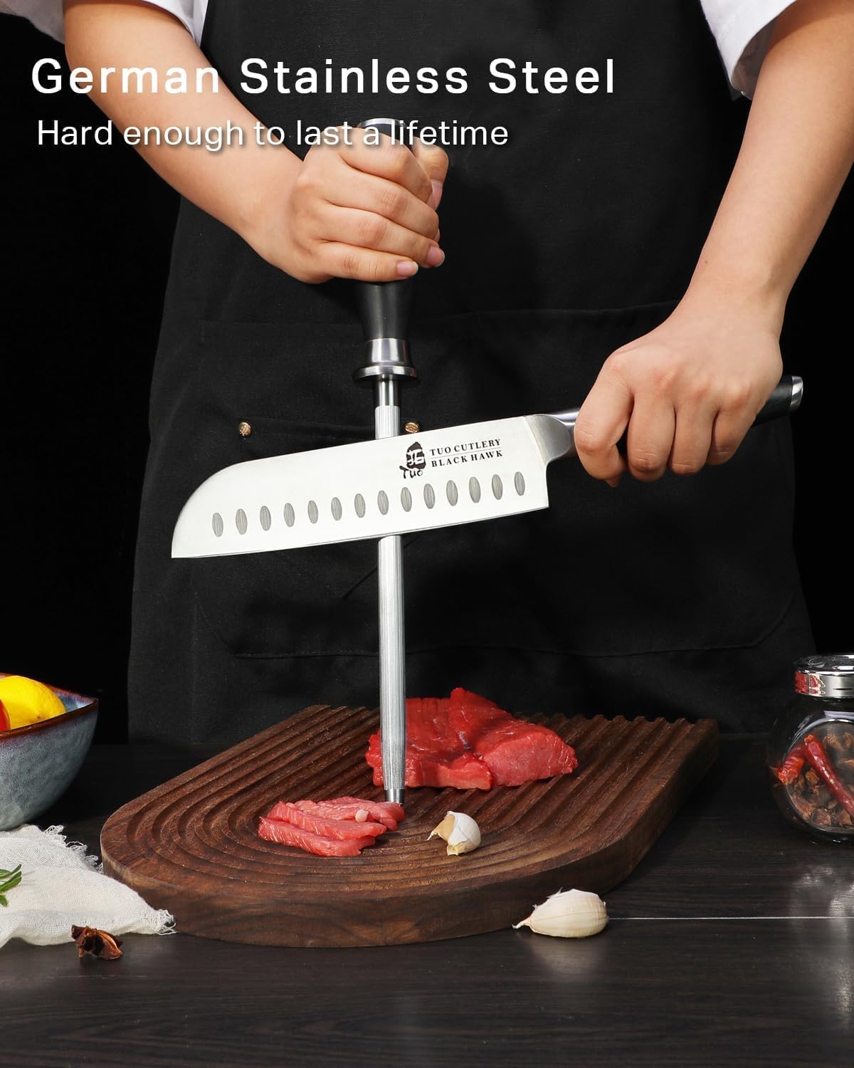 TUO Honing Rod, Knife Sharpening Rod 8 Inch, High Carbon German Steel Knife Sharpener with Ergonomic Pakkawood Handle, Premium Honing Steel for Kitchen Knives Blade Maintenance, Black Hawk Series