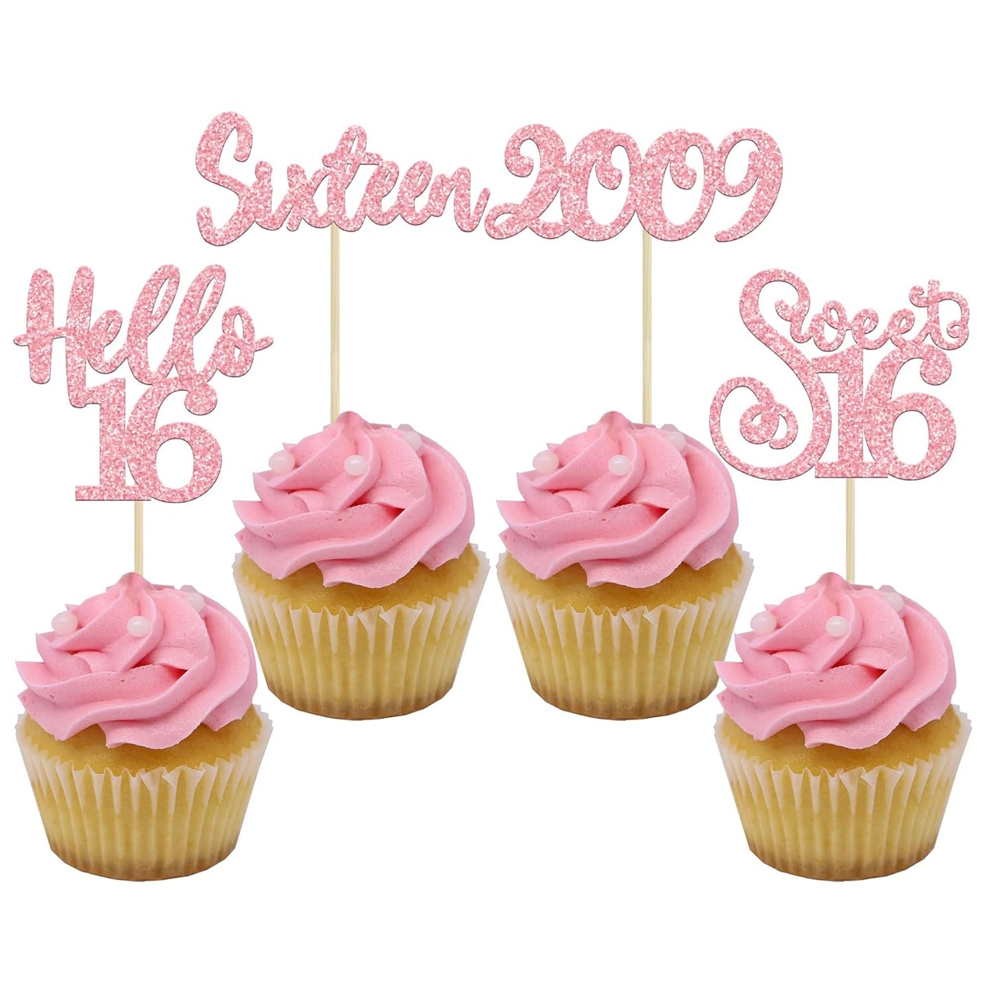 Gyufise 24Pcs Happy 16th Birthday Cupcake Toppers Glitter Hello 16 Sweet 16 Sixteen Years Old Cupcake Picks for Celebrating 16th Birthday Anniversary Party Cake Decorations Supplies Pink