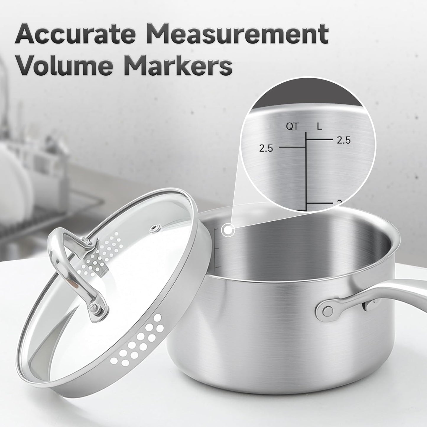 2.5 Quart Stainless Steel Saucepan with Glass Strainer Lid, Thicken Tri-ply Full Body, Multipurpose Sauce Pot with Two-Size Drainage Holes Lid, Perfect For Boiling Gravies, Pasta, Noodles