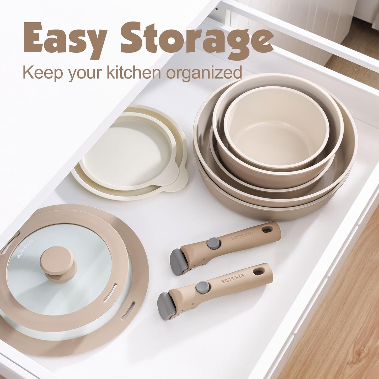 SENSARTE 17 Piece Ceramic Pots and Pans Set, Nonstick Detachable Handle Cookware, Induction Kitchen Cookware Set with Removable Handle, Dishwasher ＆ Oven Safe (Almond Beige)