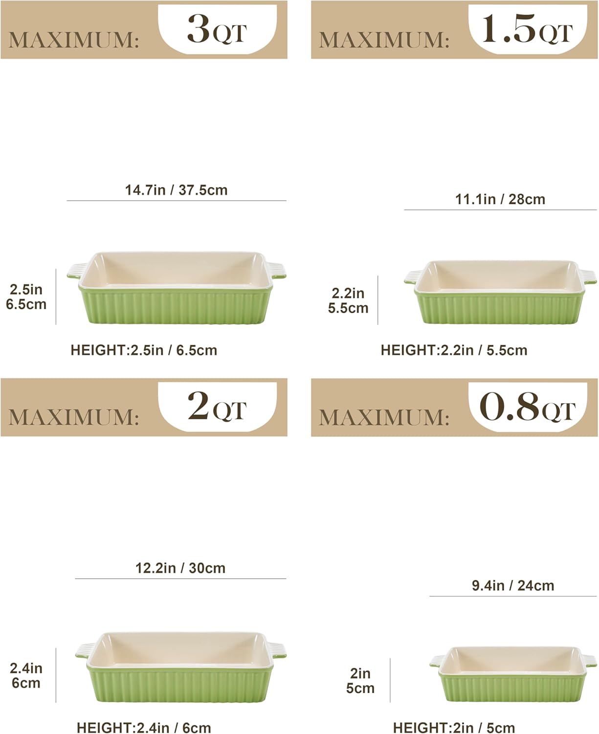 MALACASA Bakeware Set of 4, Porcelain Baking Pans Set for Oven, Casserole Dish, Ceramic Rectangular Baking Dish Lasagna Pans for Cooking Cake Kitchen, Green (9.4"/11.1"/12.2"/14.7"), Series BAKE.BAKE