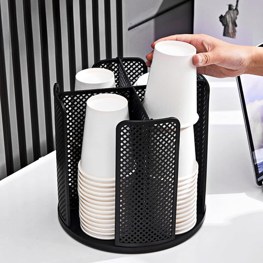 1 Pcs Rotating Paper Cup Dispenser, Cup Holder with 4 Compartments, Disposable Coffee Cup Dispenser Removable, Plastic Cup Storage & Lid Holder for Countertops, Kitchen, Coffee Stations (Black)