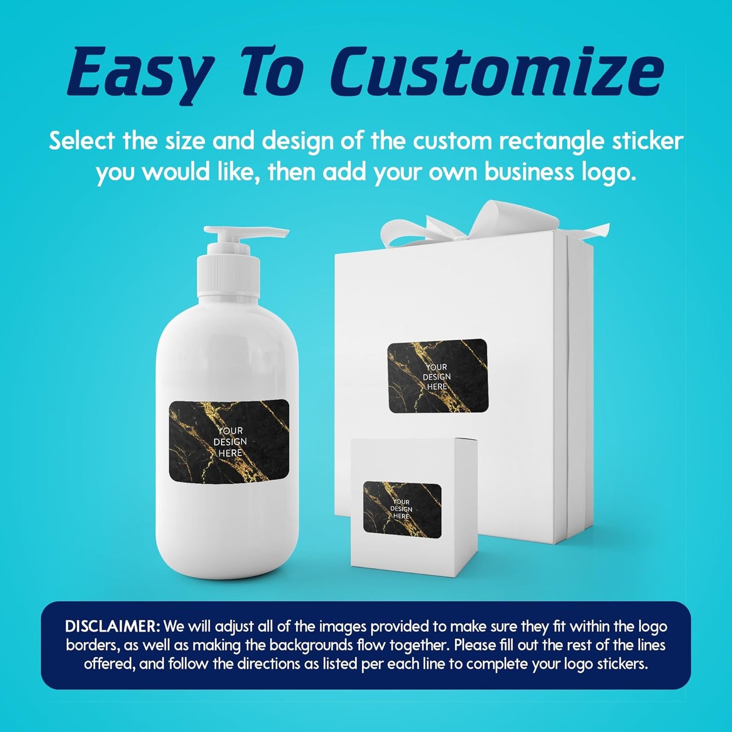 100 Custom Vinyl Stickers - Upload Your own Image, Text, Design, Logo - Personalized Logo Labels for Handmade, Packaging, Bottle, Jars, Candle, Brand Stickers (Black Gold Marble, 4x2)