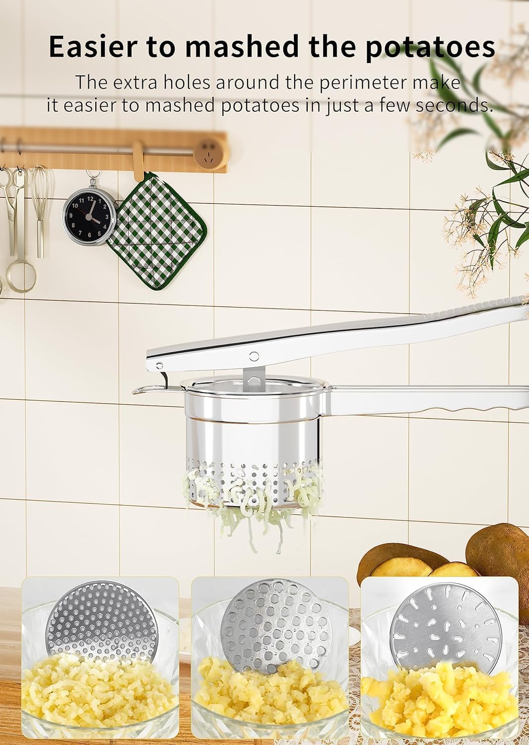 Large 15oz Potato Ricer with 3 Interchangeable Discs, Heavy Duty Stainless Steel Potato Masher with Ergonomic Handle, Masher and Ricer Kitchen Tool for Mashed Potatoes, Noodle Maker