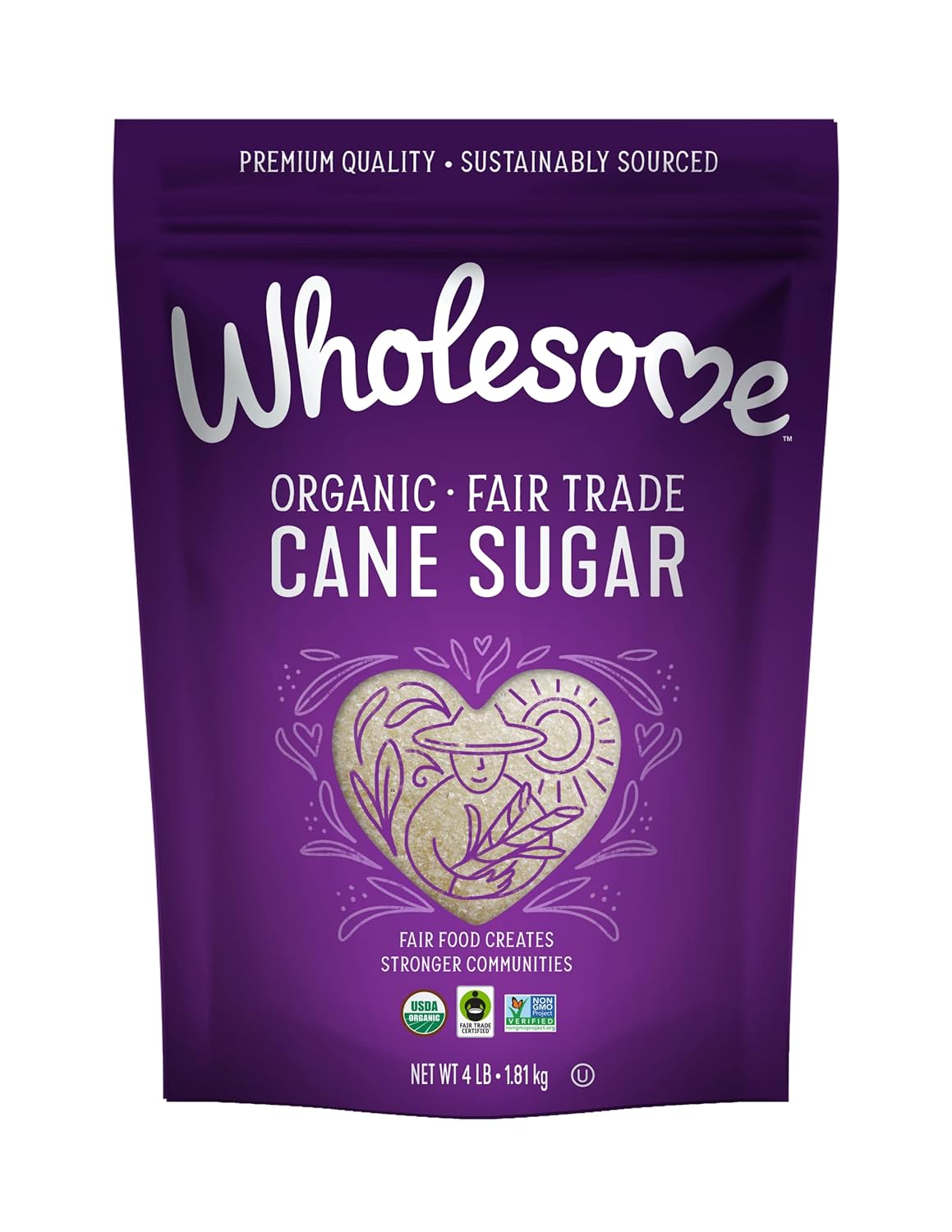 Wholesome Sweeteners 4-Pound Organic Cane Sugar, Fair Trade, Non GMO, Gluten Free & Vegan for Baking and Sweetening, 1 Pack