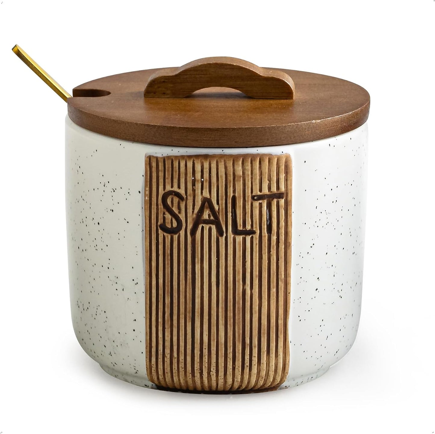 Salt Container for Countertop, Ceramic Salt Cellar with Lid and Spoons, 10 OZ Salt Bowl Holder, White
