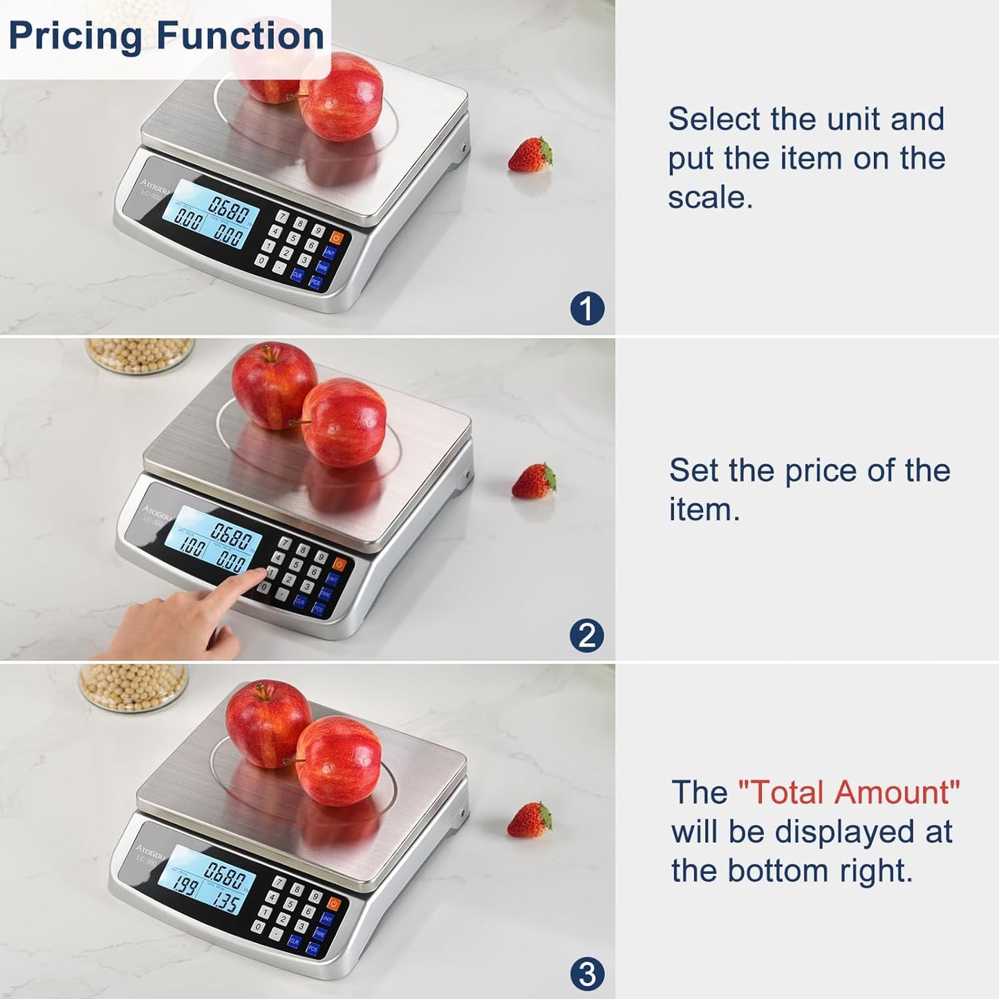 110lb Food Scale, Commercial Kitchen Scale with Price Computing, Plug-in Usable, 0.05oz/1g, 304 Stainless Steel, for Cooking, Vegetables, Farm, Industry, Counting. LC300