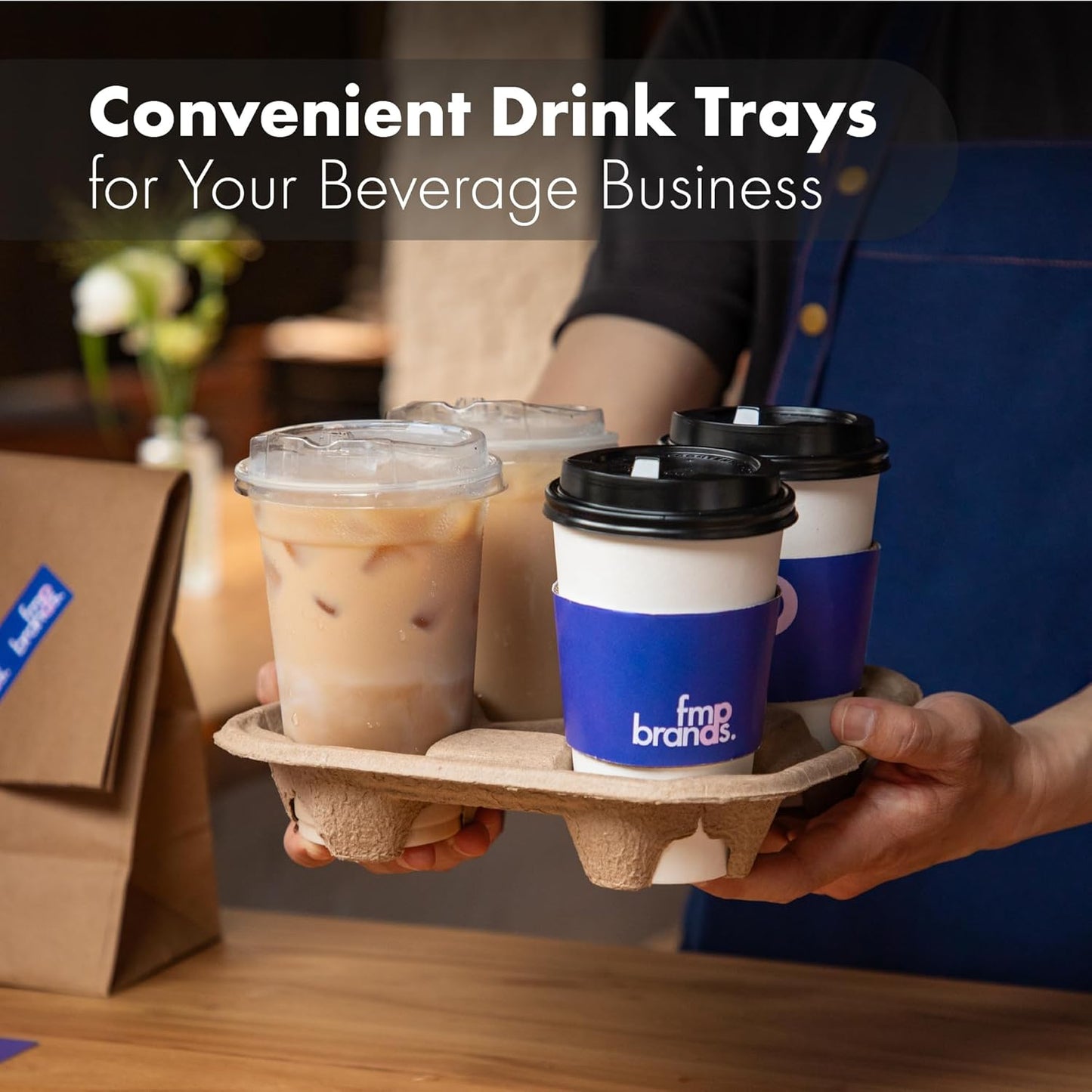 FMP Brands 4 Cup Disposable Drink Carrier Trays, 80 Pack Compostable Pulp Fiber Cup Holder for 8-32 oz Cup, Durable to Go Coffee Cup Holders for Delivery Service, Uber Eats