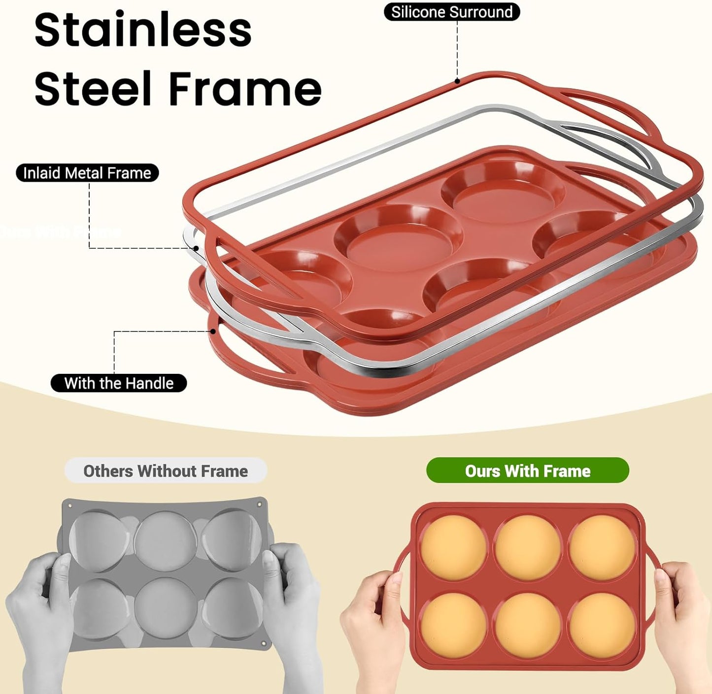 JOERSH 2 Pack 4 Inch Jumbo Silicone Muffin Top Pan with Metal Frame, Non Stick Silicone Egg Mold for Oven, Large Whoopie Pie Baking Pan for English Muffin, Breakfast Sandwich, Egg Bite, Hamburger Bun