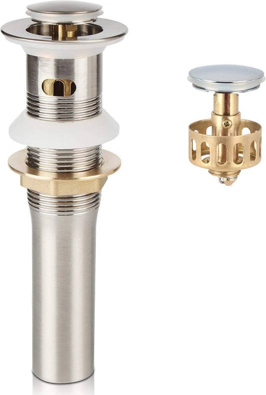Bathroom Faucet Vessel Detachable Basket Pop Up Sink Drain, Brushed Nickel with Overflow