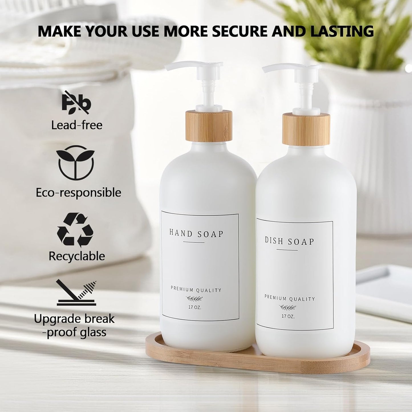 White Glass Soap Dispenser - Hand Dish Soap Dispenser Set for Kitchen, Bathroom with Sturdy Pump and Tray, 14 Waterproof Labels,Refillable Soap Lotion Dispenser-White