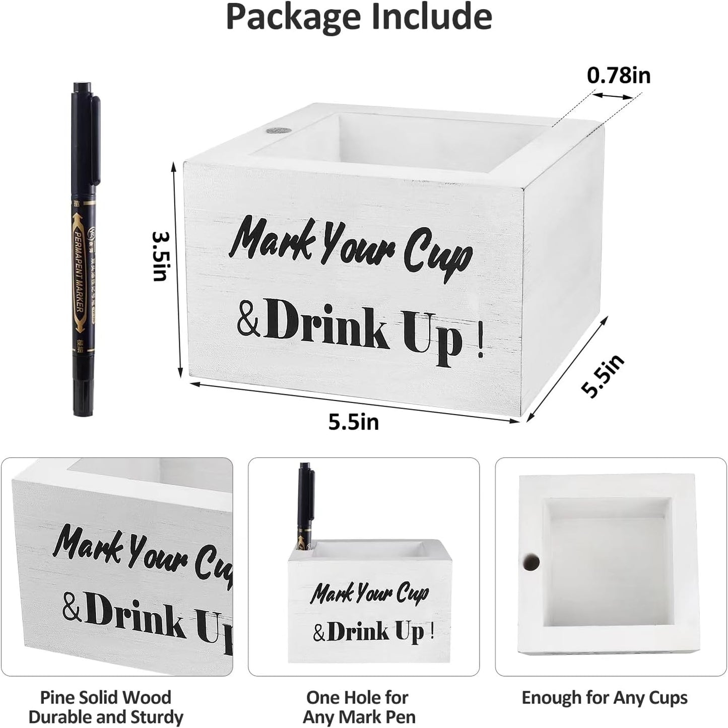 Wooden Cup Holder - Party Cup Holder with Marker Slot, Cup Holder for Party and Wedding, Rustic Disposable Cup Holder for Bar, Kitchen, Countertop, Home & Office, White