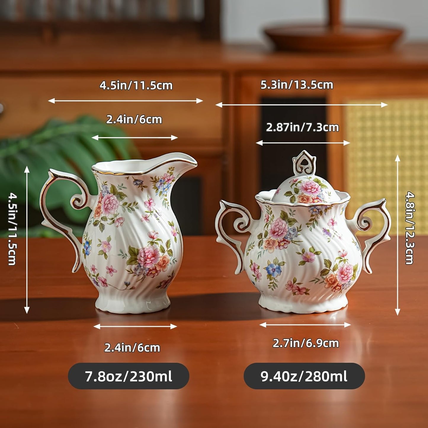 Sugar and Creamer Set Ceramic, Creamer Pitcher and Sugar Bowl with Lid, Creamer Pitcher with Handle,Sugar Cube Dish Coffee or Tea (White with small flowers)