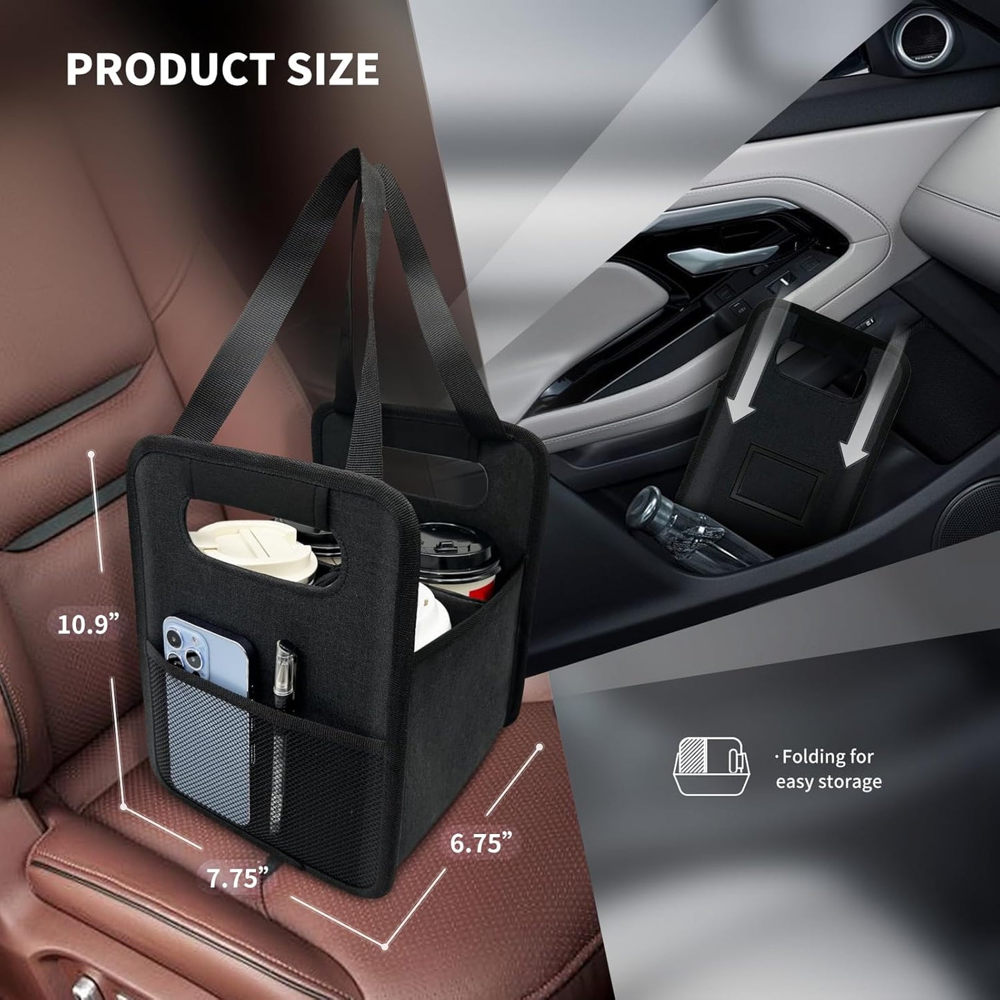 Reusable 4 Cup Drink Carrier with Handle and Adjustable Dividers, Insulated Caddy for Take Out, Foldable Coffee Cup Holder for Hot & Cold Drinks (Black)