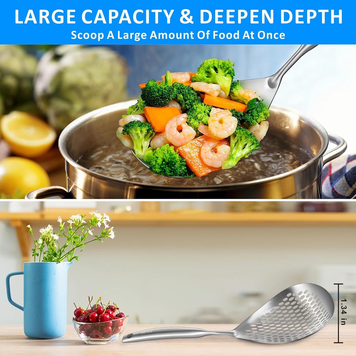 Large Skimmer Slotted Spoon, 304 Stainless Steel Pasta Strainer Colander Spoon, Spider Ladle with Big Draining Holes, Deep Fryer Scoop for Frying, Cooking, Draining, Ideal for Gift, 15''