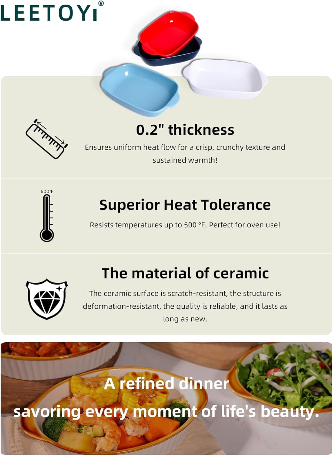 LEETOYI Ceramic Small Baking Dish, Porcelain 2-Piece Rectangular Bakeware with Double Handle, Baking Pans for Cooking and Cake Dinner 7.5"×5 (White)