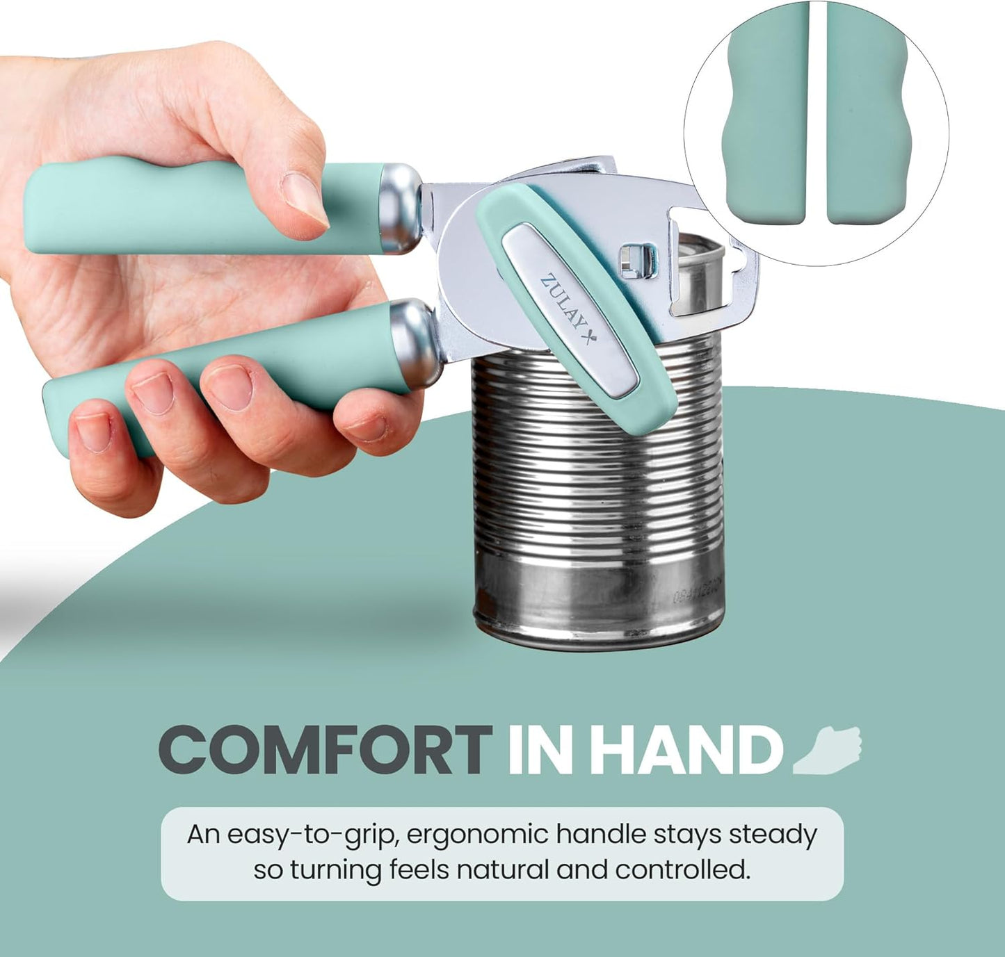 Zulay Kitchen Heavy Duty Stainless Steel Can Opener Manual with Bottle Opener - Rust Proof Manual Can Opener With Turn Knob & Comfy Soft Grip Handles - Mint