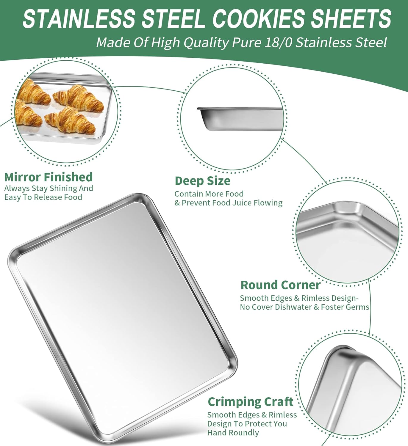 Baking Sheets Set of 2, HKJ Chef Cookie Sheets 2 Pieces Stainless Steel Baking Pans & Toaster Oven Tray Pans, Rectangle Size 20L x 14W x 1H inch & Non Toxic & Healthy & Easy Clean