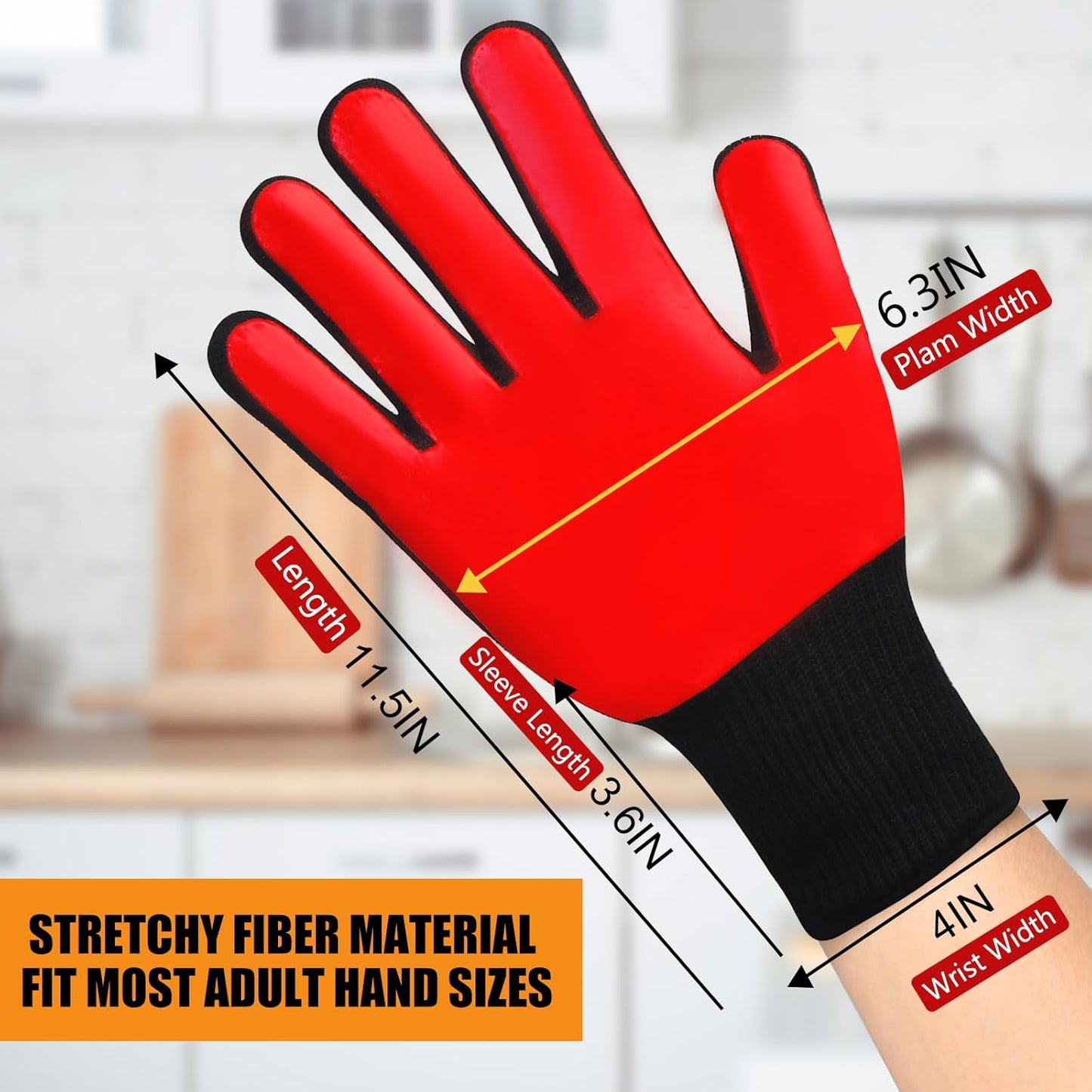 BBQ Gloves, Oven Gloves, 1472°F Extreme Heat Resistant Barbecue Gloves, Silicone Non-Slip Oven Mitts, Kitchen for Cooking, Grilling, and Baking (Red)