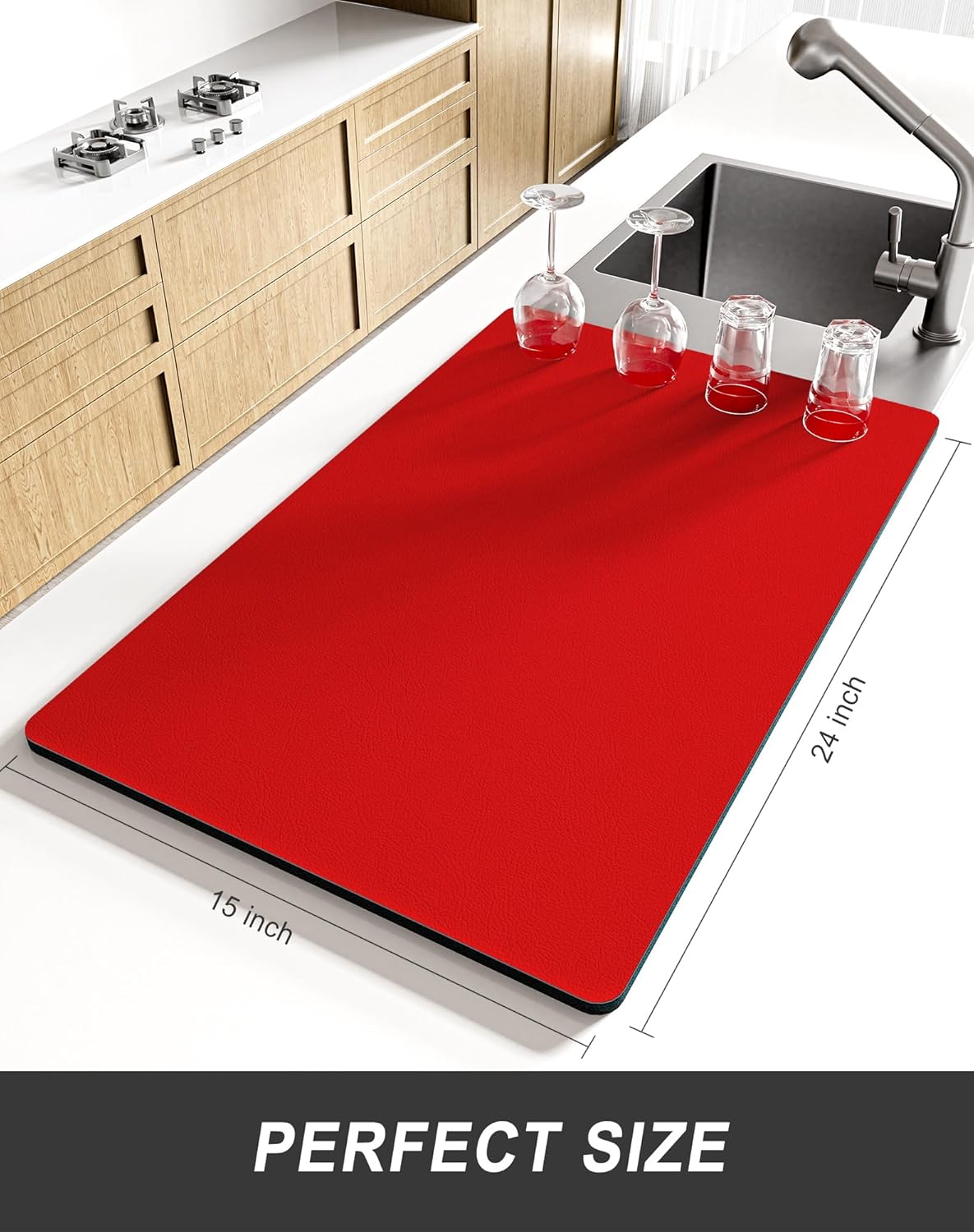 Rnivvi Dish Drying Mat for Kitchen Counter, XL 15 x 24" Super Absorbent Drainer Pad Easy Clean Dish Rack Pad, Non-Slip Heat Resistant Coffee Bar Mats for Coffee Machine Station Accessories Decor, Red